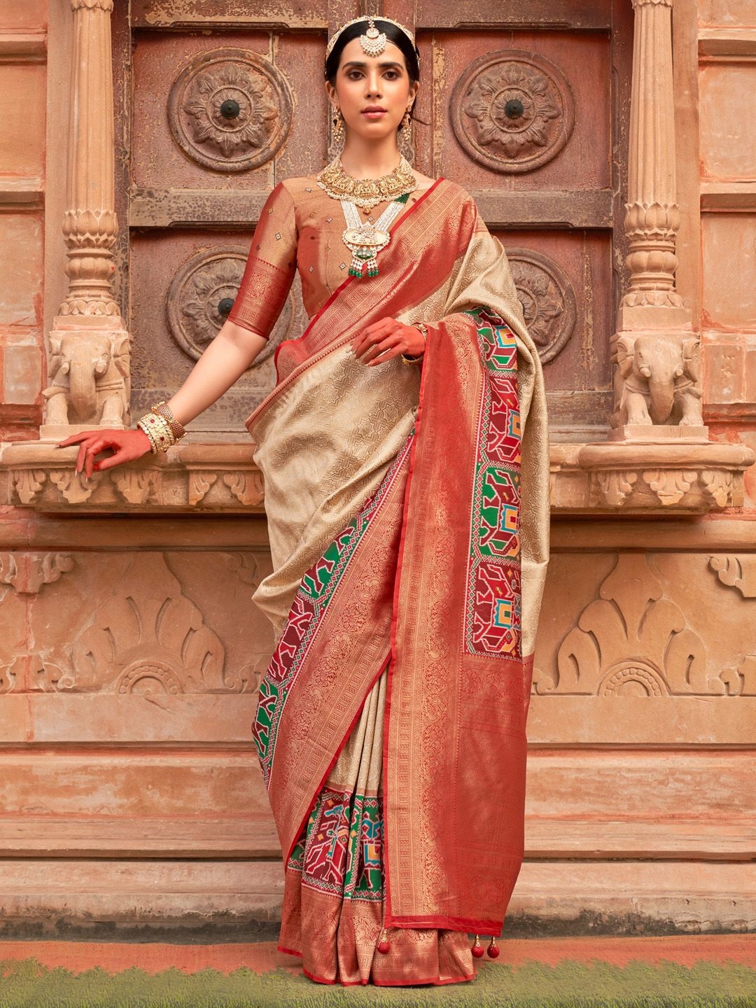 

Anouk Ethnic Motifs Woven Design Zari Patola Saree, Cream