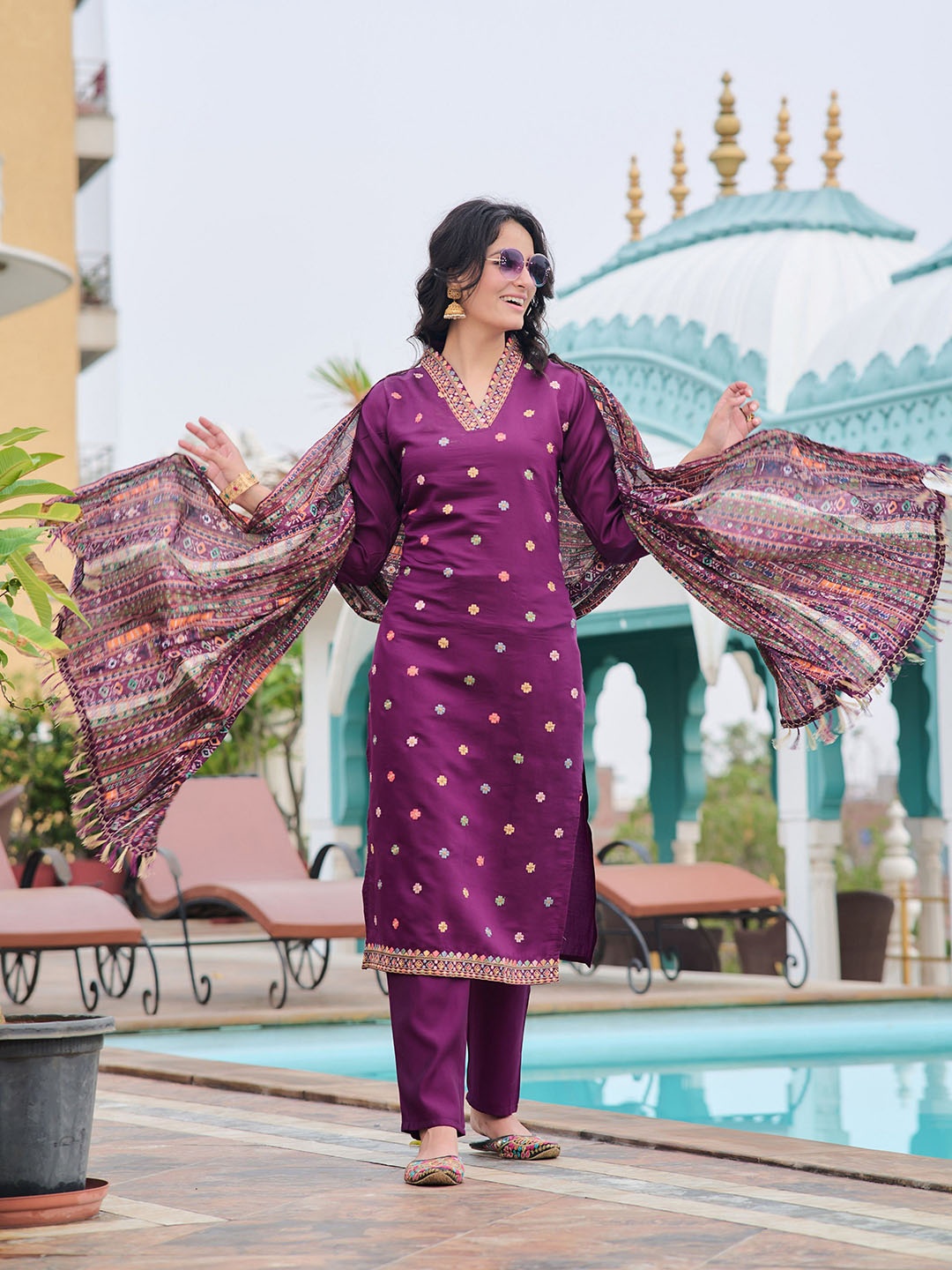 

KALINI Floral Embroidered Thread Work Pure Silk Straight Kurta With Trouser & Dupatta, Purple