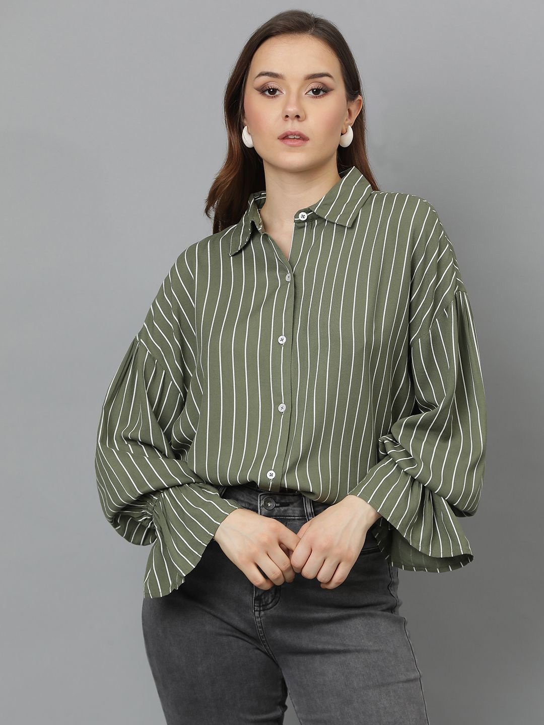 

Kotty Women Comfort Spread Collar Vertical Striped Cotton Oversized Casual Shirt, Green