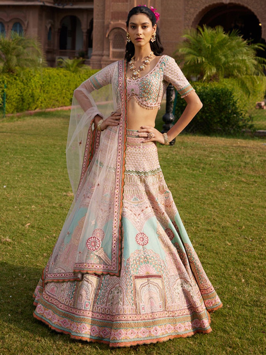 

KIASA By Ronak & Shruti Embroidered Thread Work Ready to Wear Lehenga Blouse With Dupatta, Pink