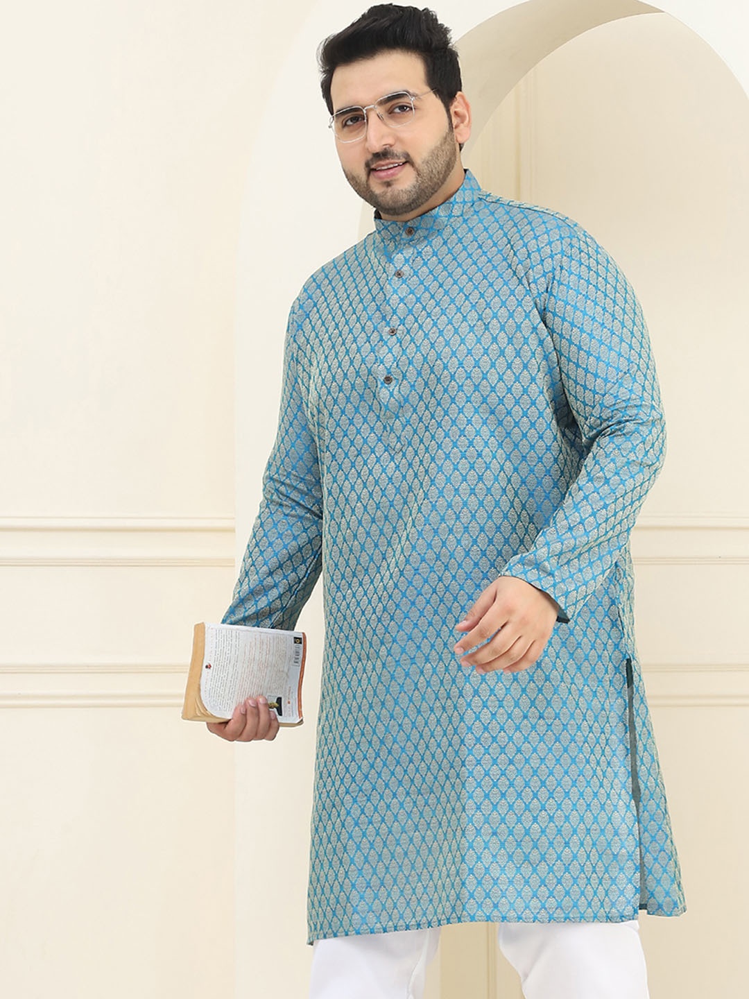 

SOJANYA Plus Ethnic Motifs Woven Design Mandarin Collar Long Sleeves Straight Kurta, Blue