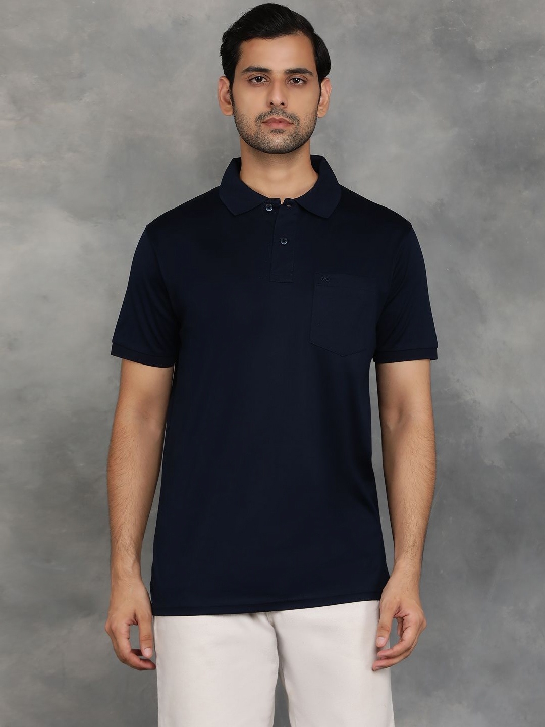 

JADE BLUE Men Solid Polo Collar Cotton T-shirt, Navy blue