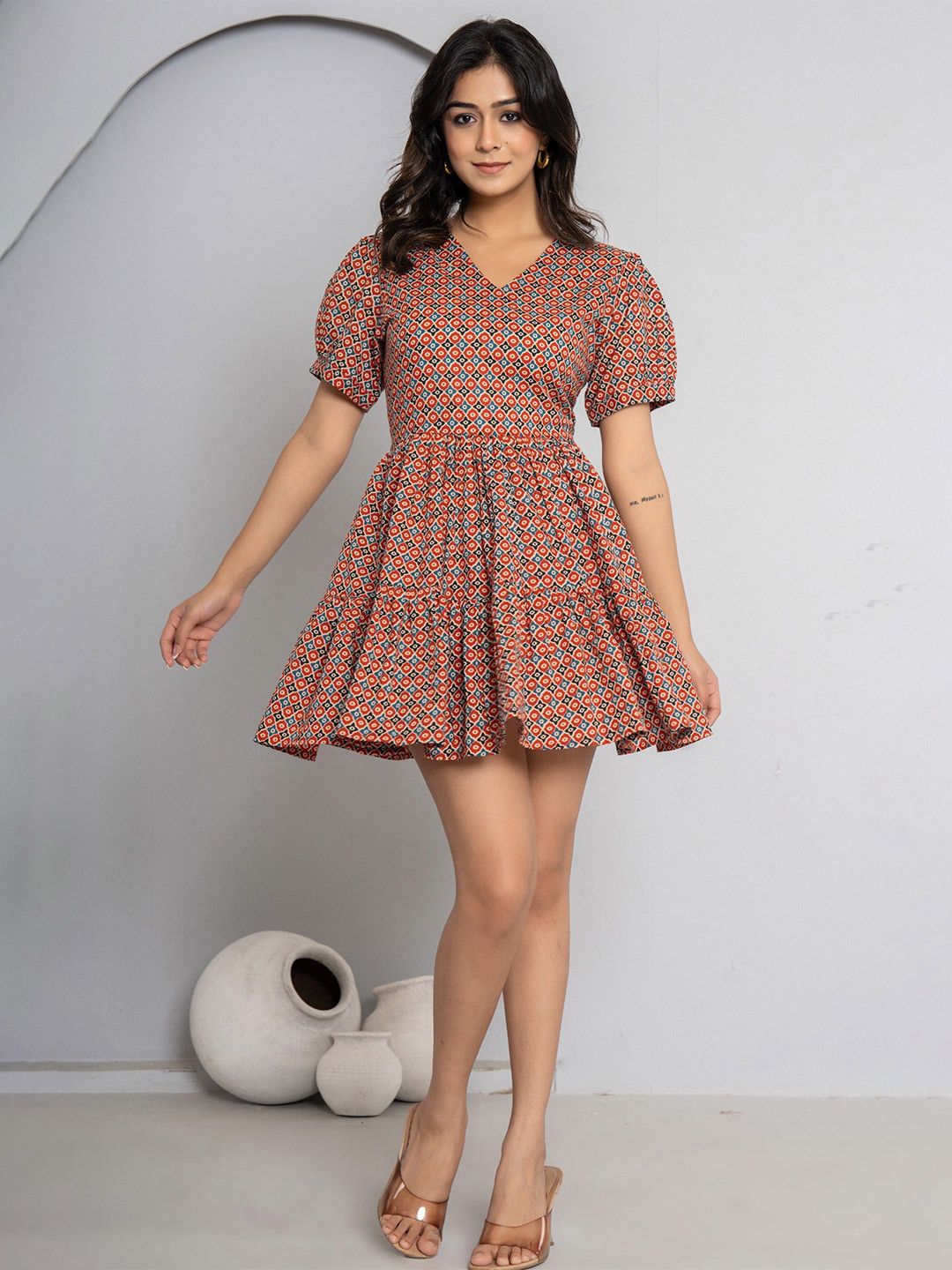 

JAIPURI BUNAAI Women Floral Printed Puff Sleeve Fit & Flare Dress, Maroon