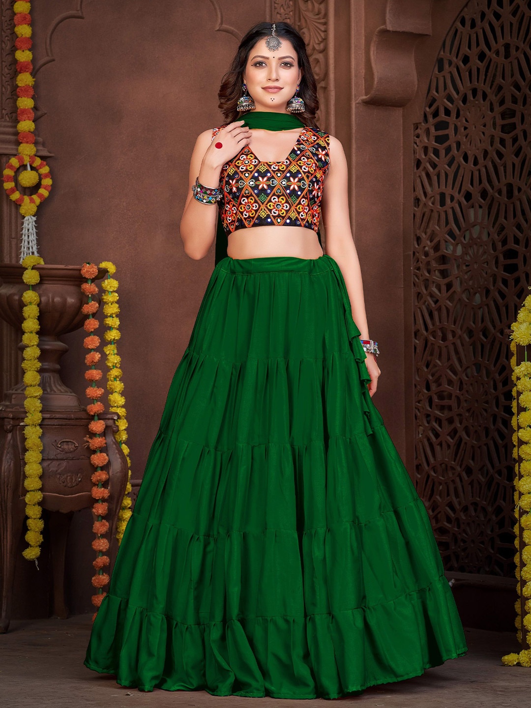 

KALINI Embroidered Thread Work Semi-Stitched Lehenga & Unstitched Blouse With Dupatta, Green
