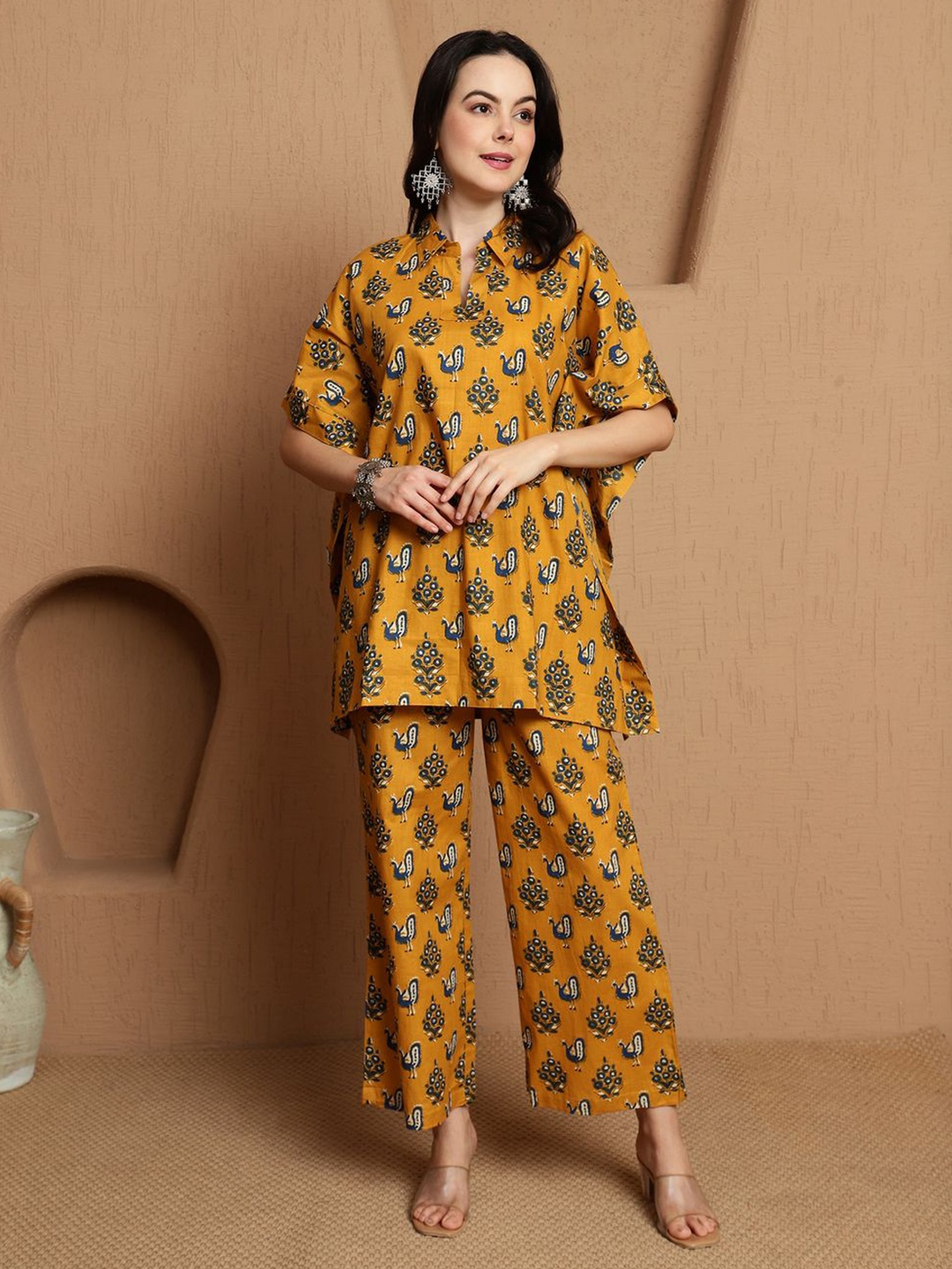 

BANDIA Printed Shirt Collar Neck Short Sleeves Pure Cotton Kaftan With Trouser, Mustard