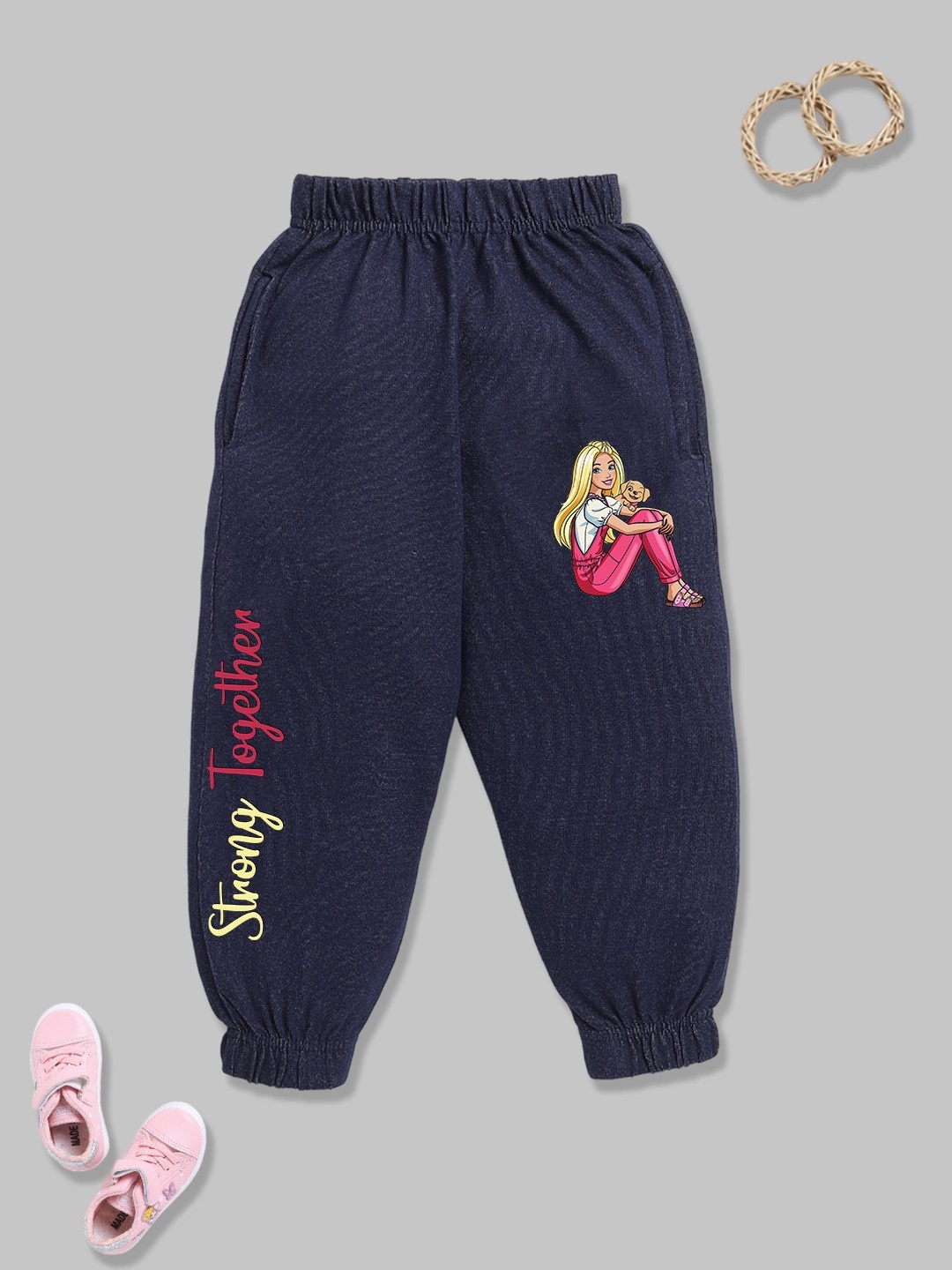 

YK X Minute Mirth Girls Barbie Printed Joggers, Navy blue