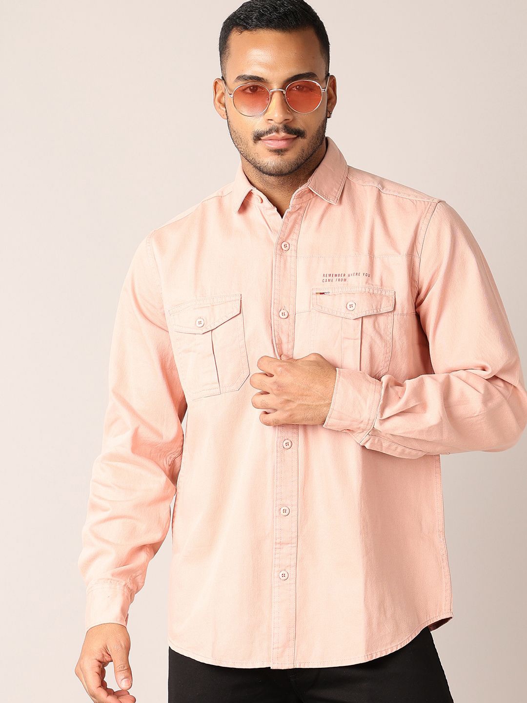 

V-Mart Men Classic Spread Collar Solid Printed Cotton Slim Fit Casual Shirt, Pink