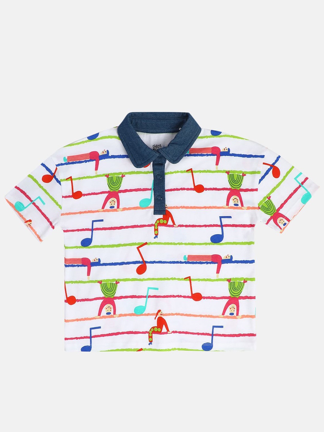 

MINI KLUB Girls Conversational Printed Shirt Collar Cotton Top, White