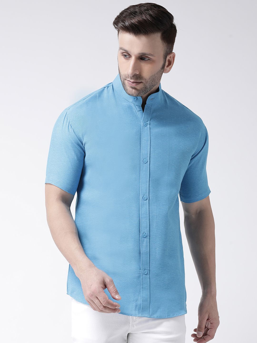 

KLOSET BY RIAG Men Classic Band Collar Solid Cotton Casual Shirt, Blue