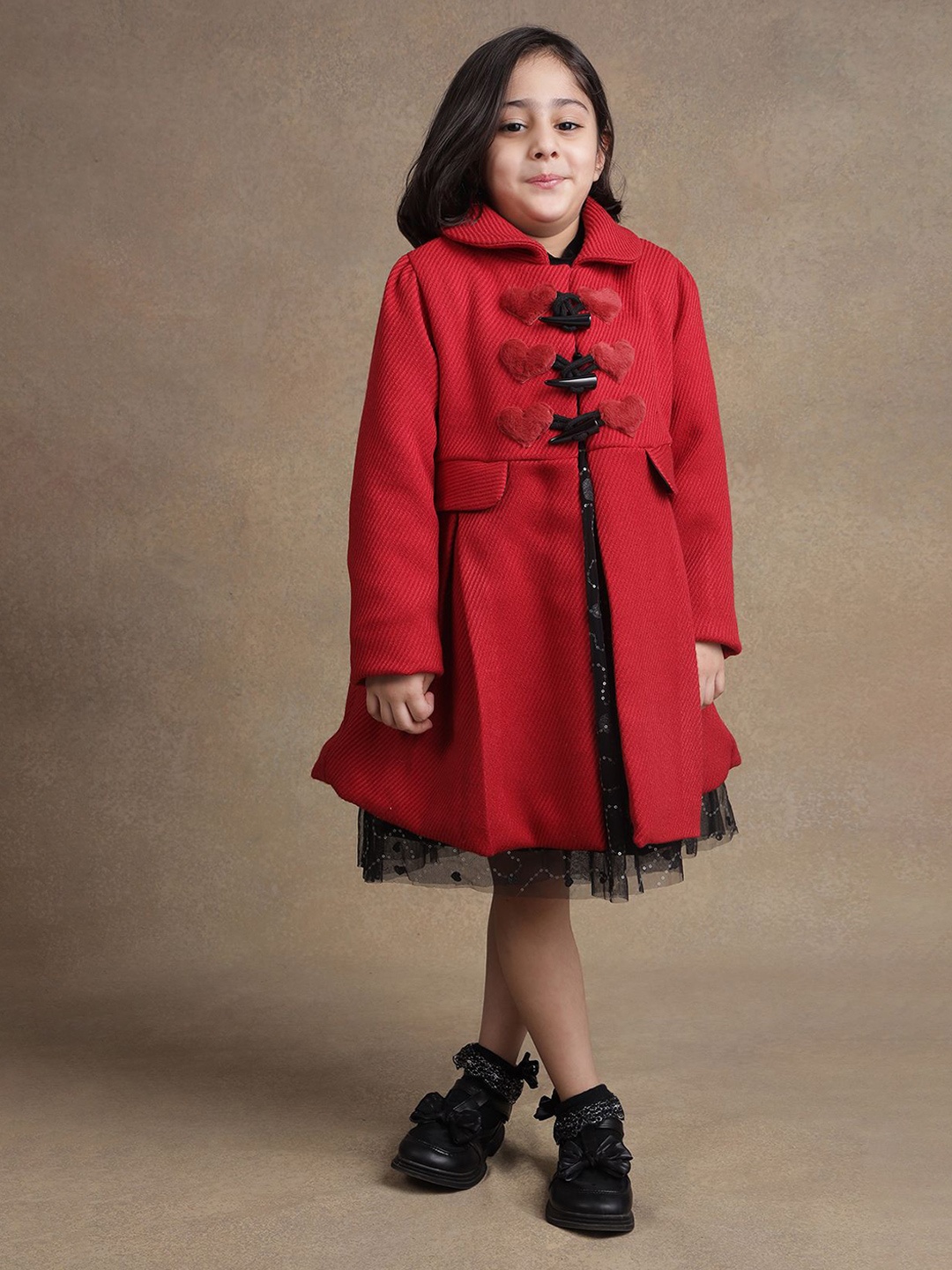 

One Friday Girls Spread Collar Regular Fit Long Sleeve Overcoat, Red