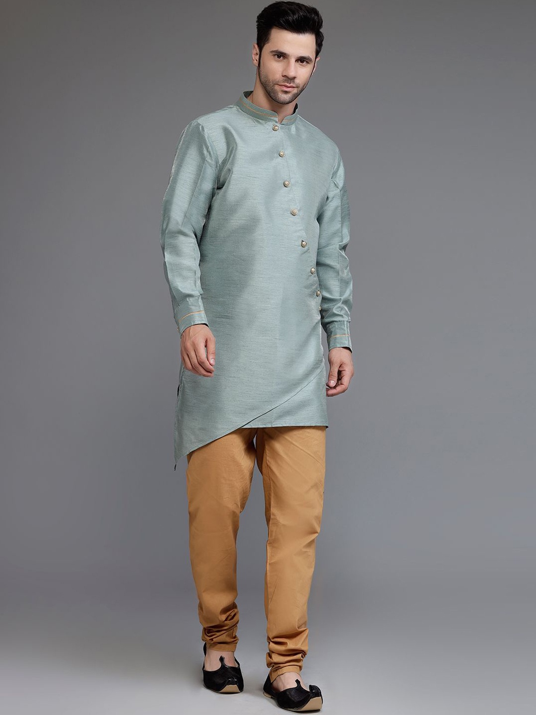 

Utsav Fashion Mandarin Collar Regular Dupion Silk Kurta With Churidar, Grey melange