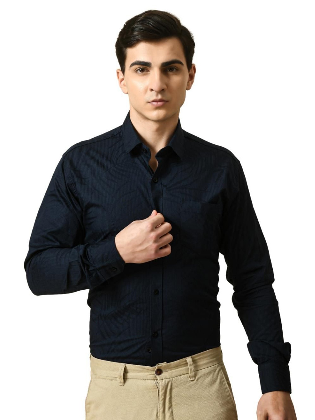 

PEBCO Men Classic Spread Collar Solid Cotton Slim Fit Casual Shirt, Navy blue