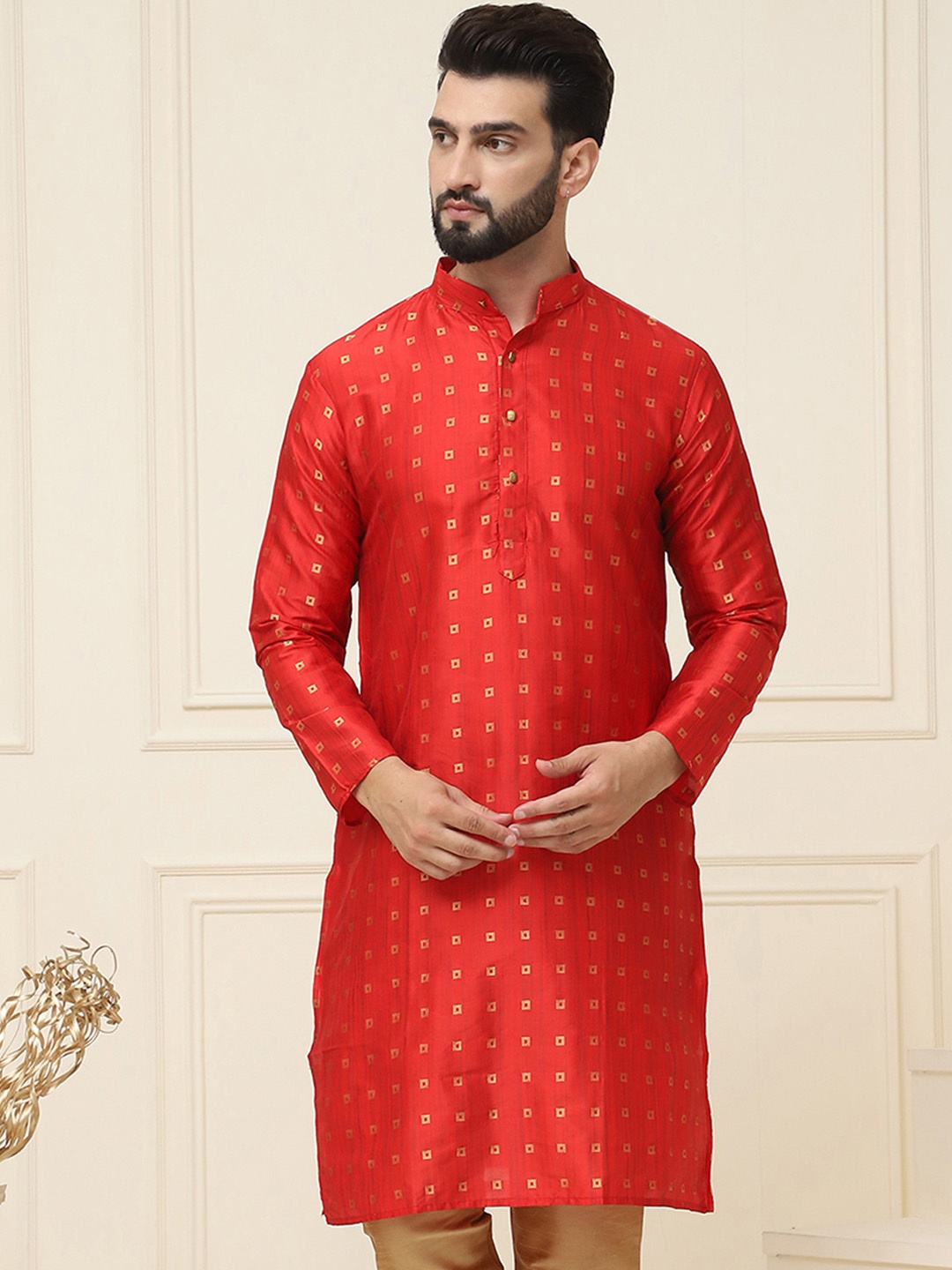 

SOJANYA Geometric Printed Band Collar Straight Kurta, Maroon