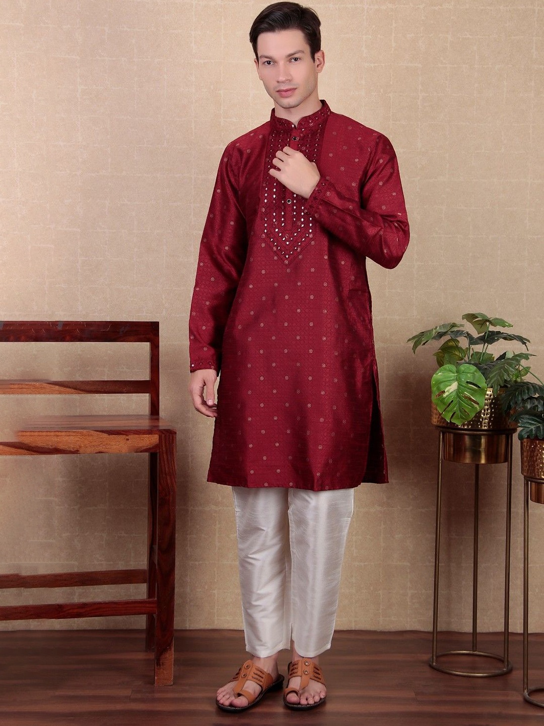 

Cult Indie Ethnic Motifs Embroidered Regular Mirror Work Straight Kurta with Pyjamas, Maroon