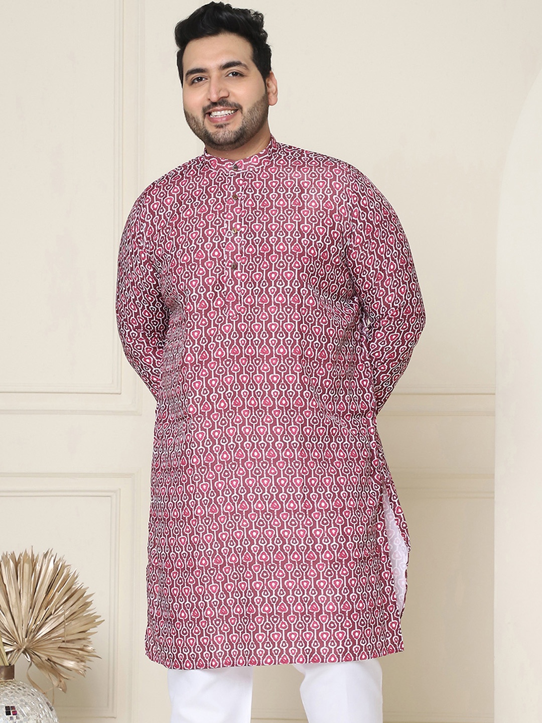

SOJANYA PLUS Size Geometric Printed Band Collar Straight Kurta, Brown
