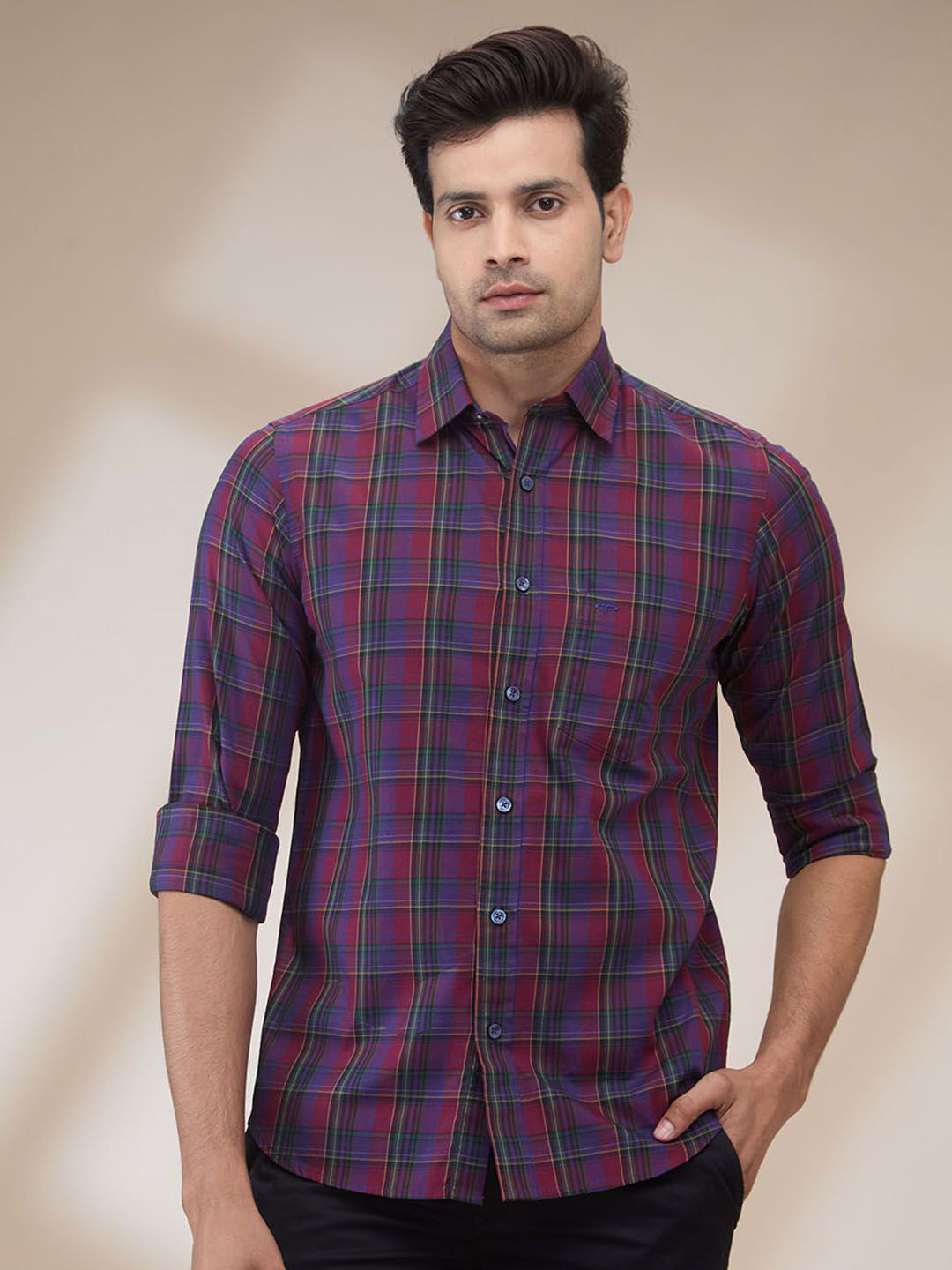 

ColorPlus Men Spread Collar Tartan Checked Cotton Casual Shirt, Red