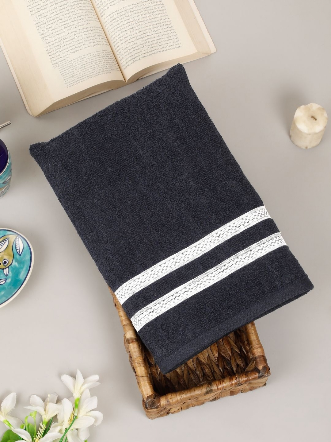 

Creeva Comfort Living Navy Blue & White Striped Cotton 410 GSM Bath Towel