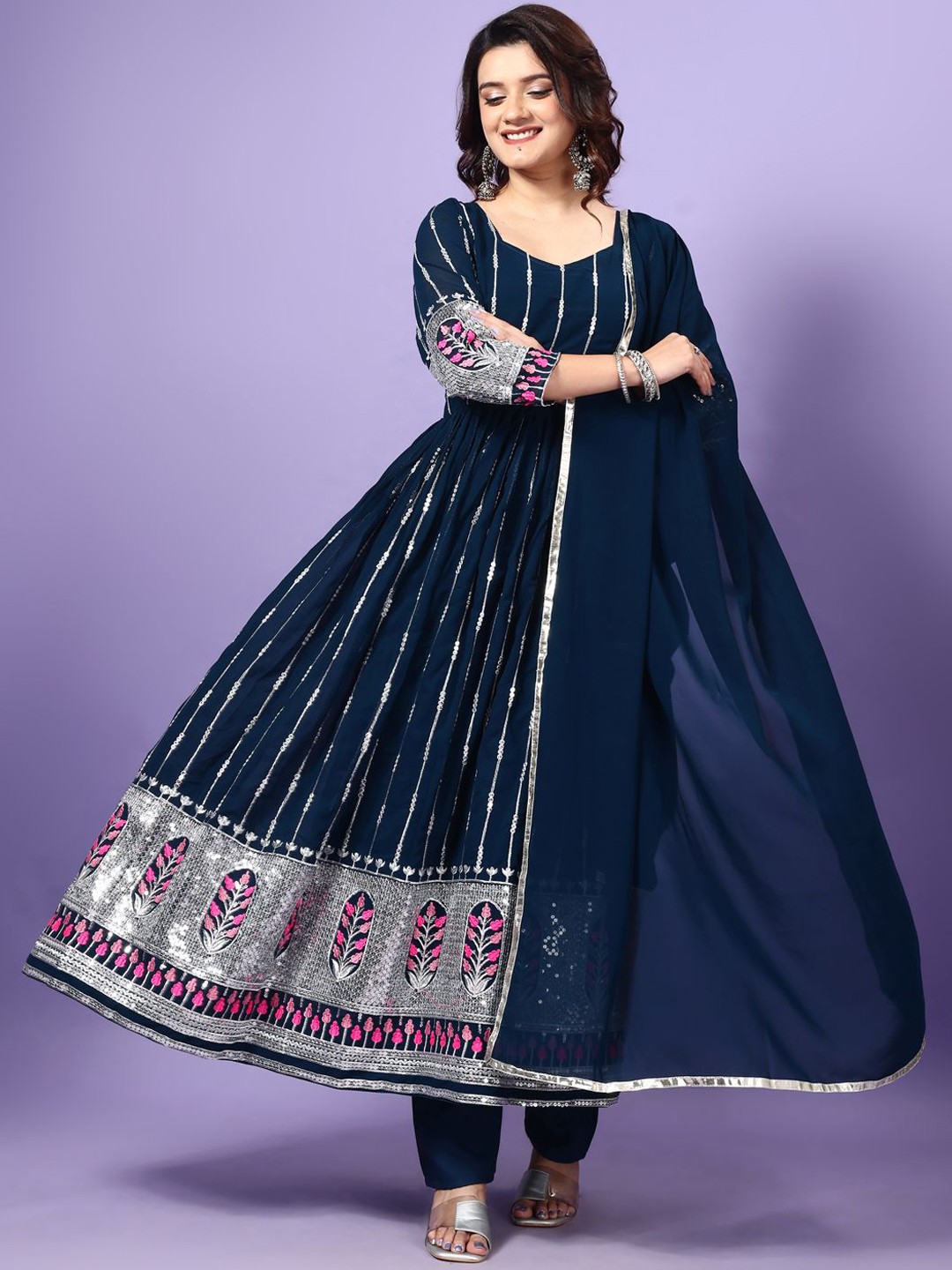 

KALINI Embroidered Sequinned Anarkali Kurta with Trousers & Dupatta, Turquoise blue