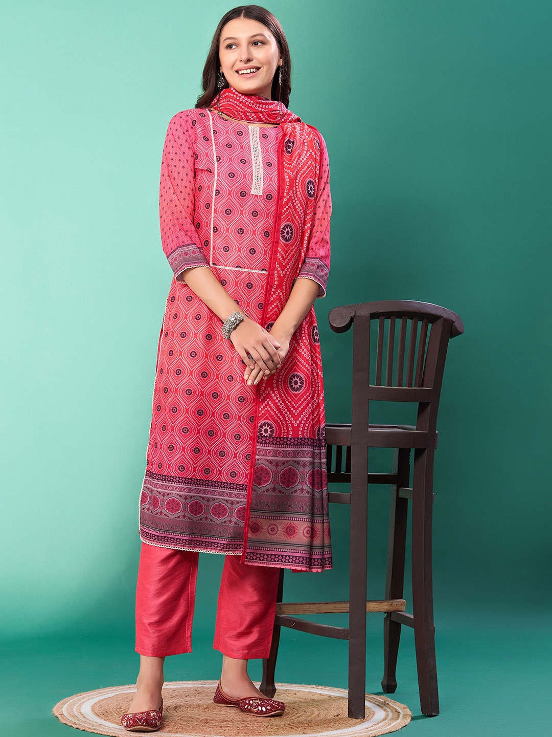 

KALINI Bandhani Printed Pure Silk Straight Kurta with Trousers & Dupatta, Pink