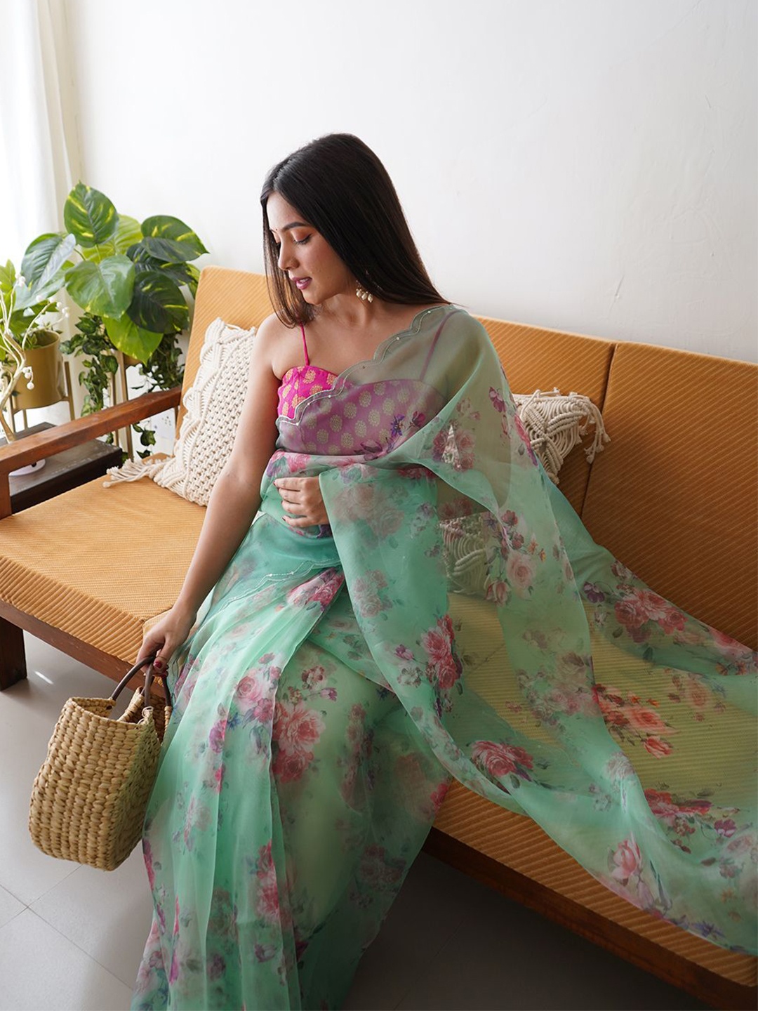 

Ishin Floral Printed Embroidered Beads and Stones Organza Saree, Green