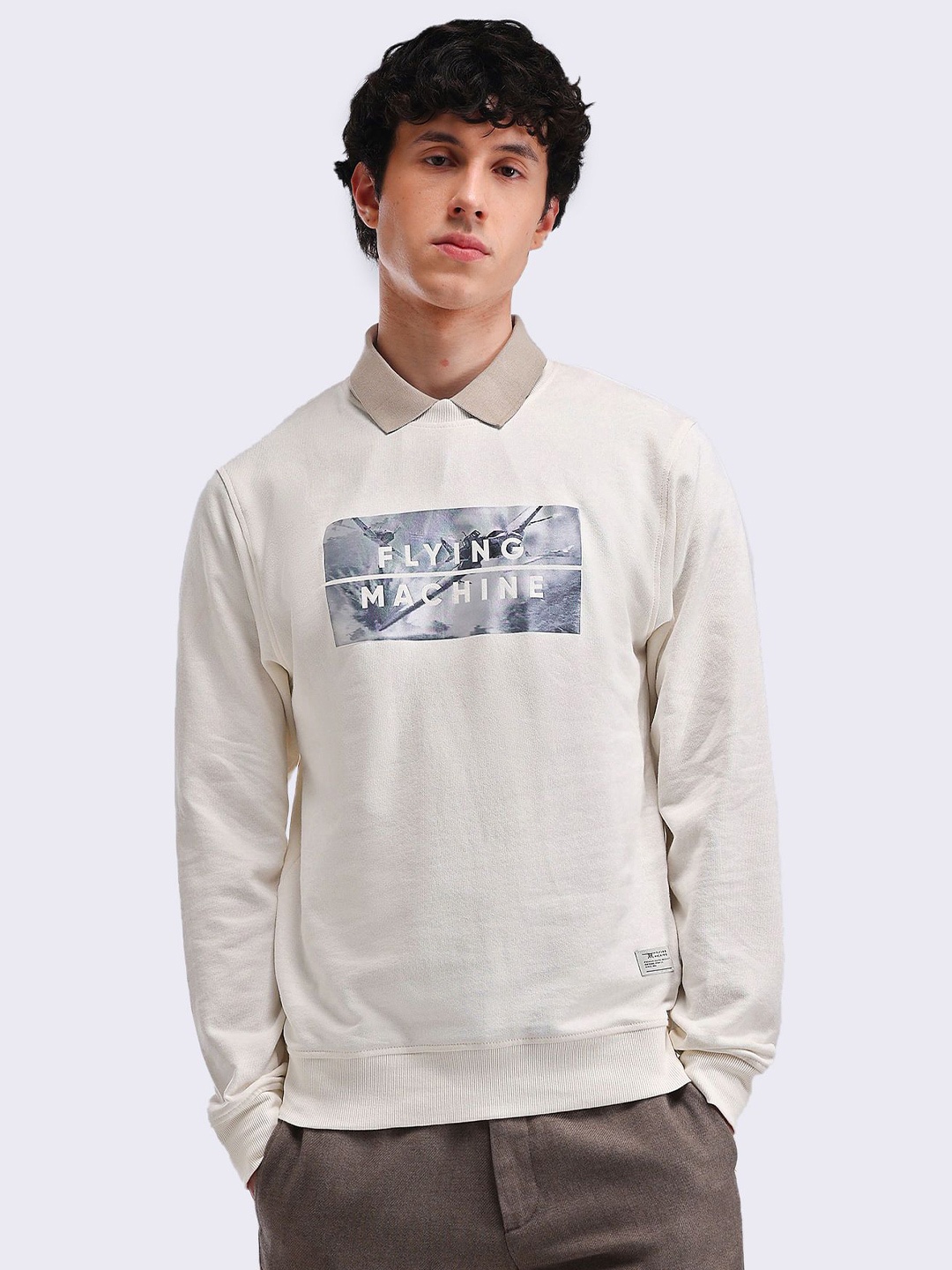 

Flying Machine Men Brand Logo Printed Round Neck Cotton Pullover Sweatshirt, White