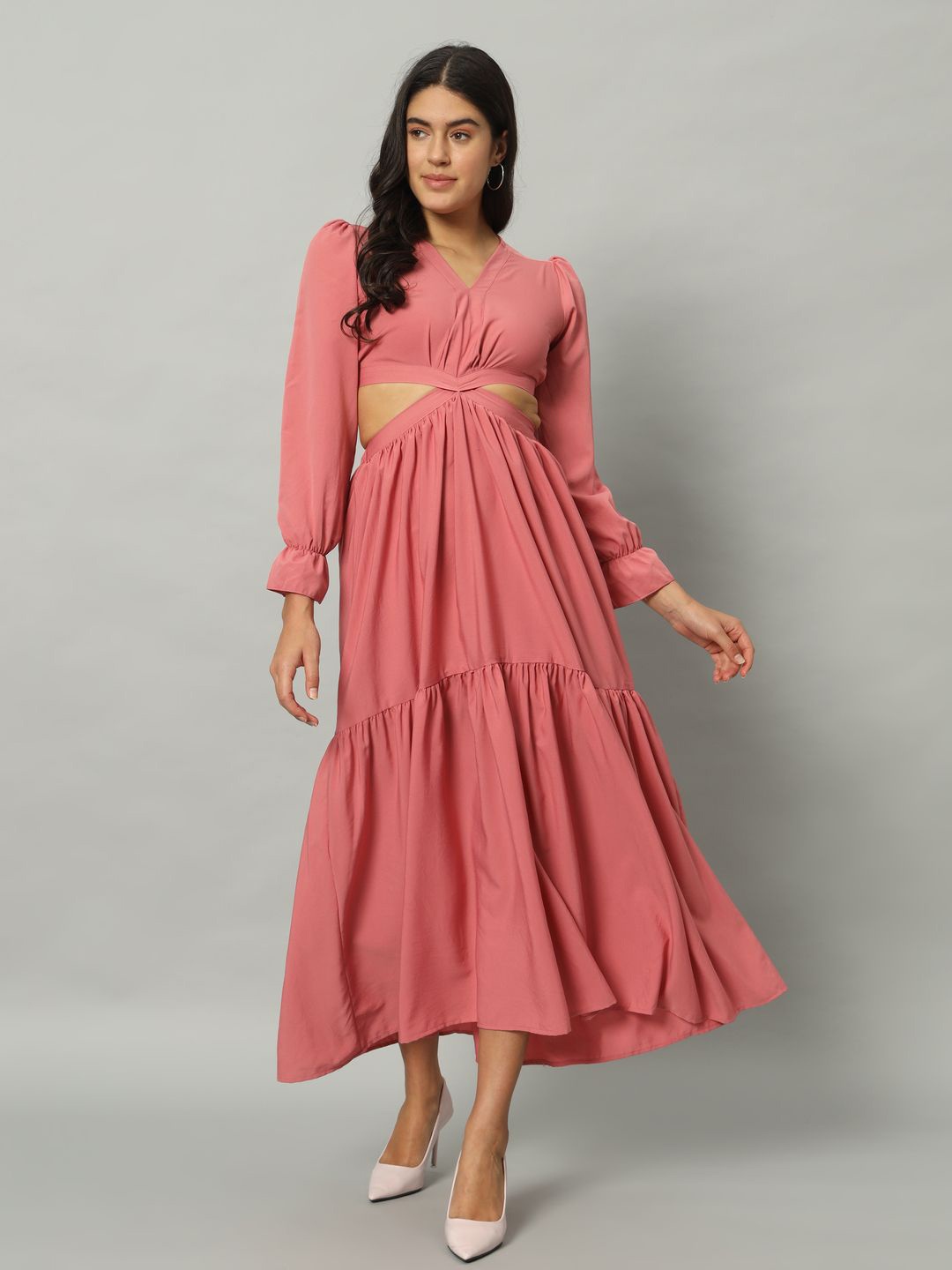 

ZWERLON Women V-Neck Solid Puff Sleeves A-Line Maxi Dress, Pink