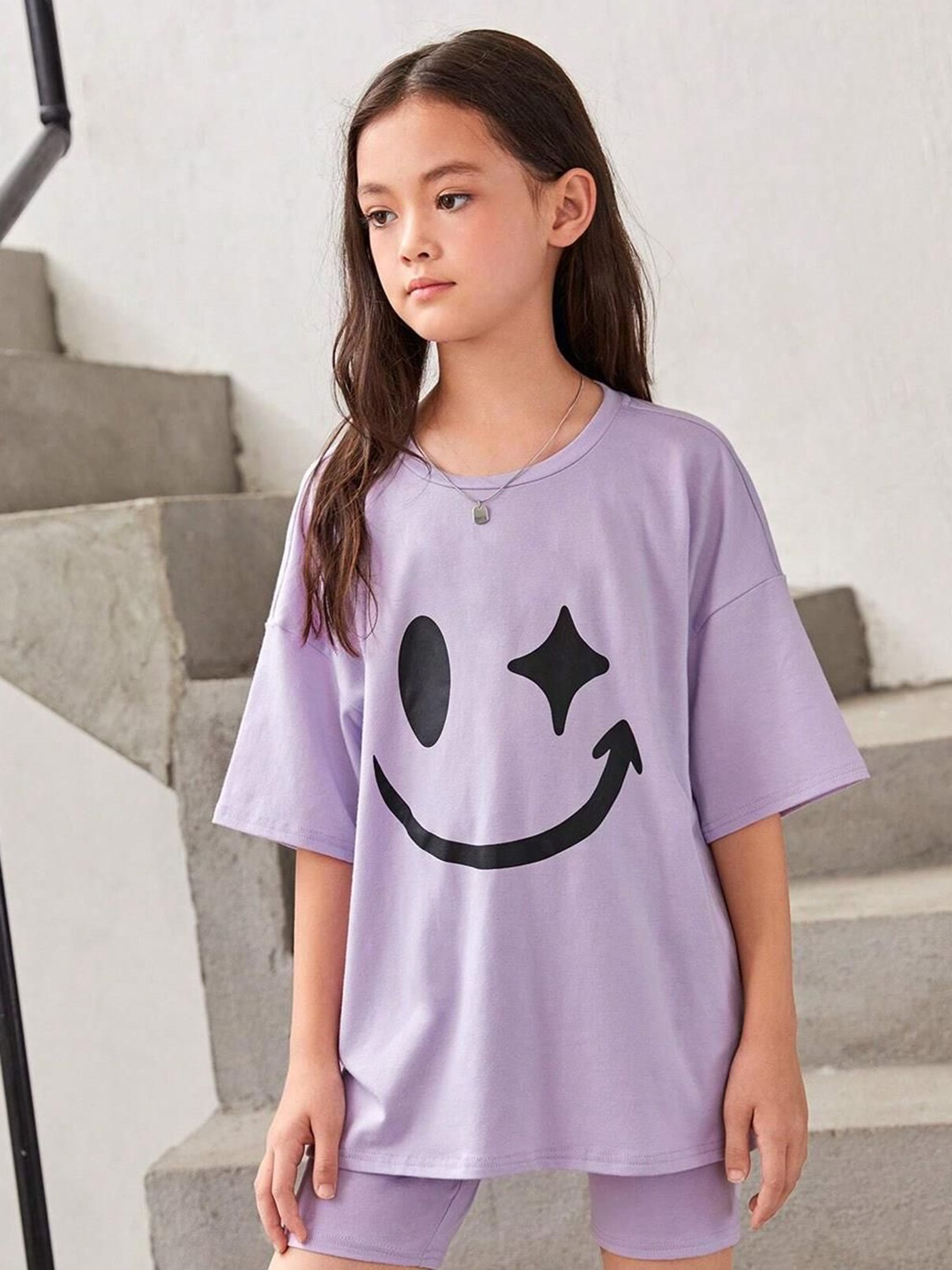 

Kotty Girls Graphic Printed Round Neck Cotton Oversized T-shirt, Purple