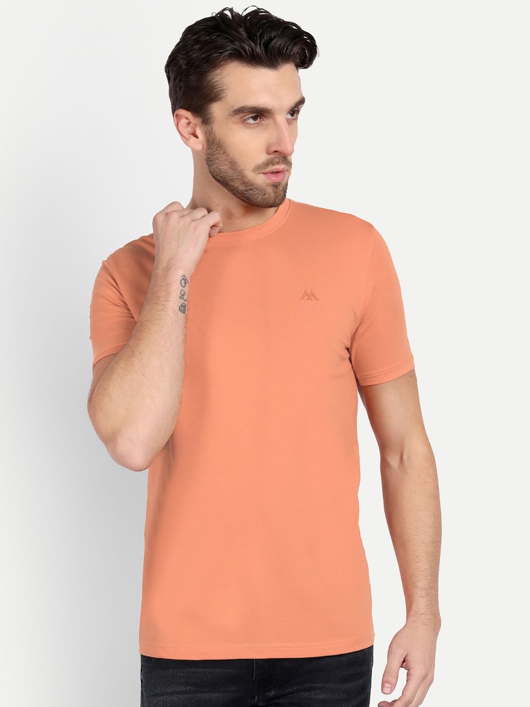 

MEGHZ Men Solid Round Neck Cotton Slim Fit T-shirt, Orange