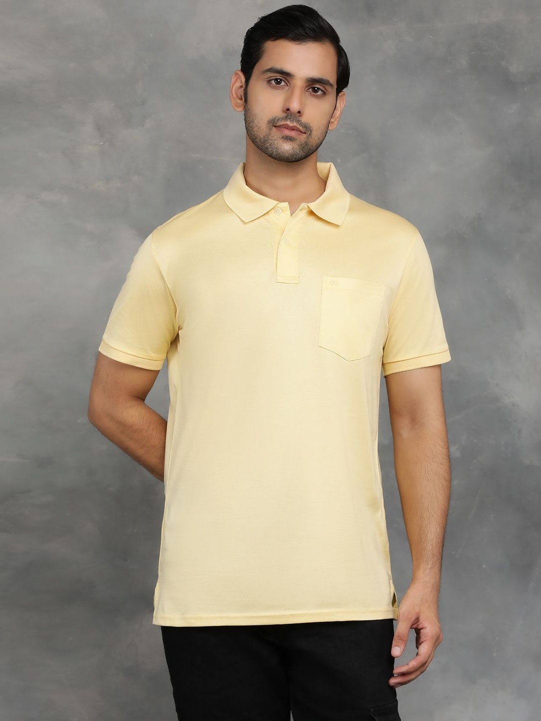 

JADE BLUE Men Solid Polo Collar Cotton T-shirt, Yellow