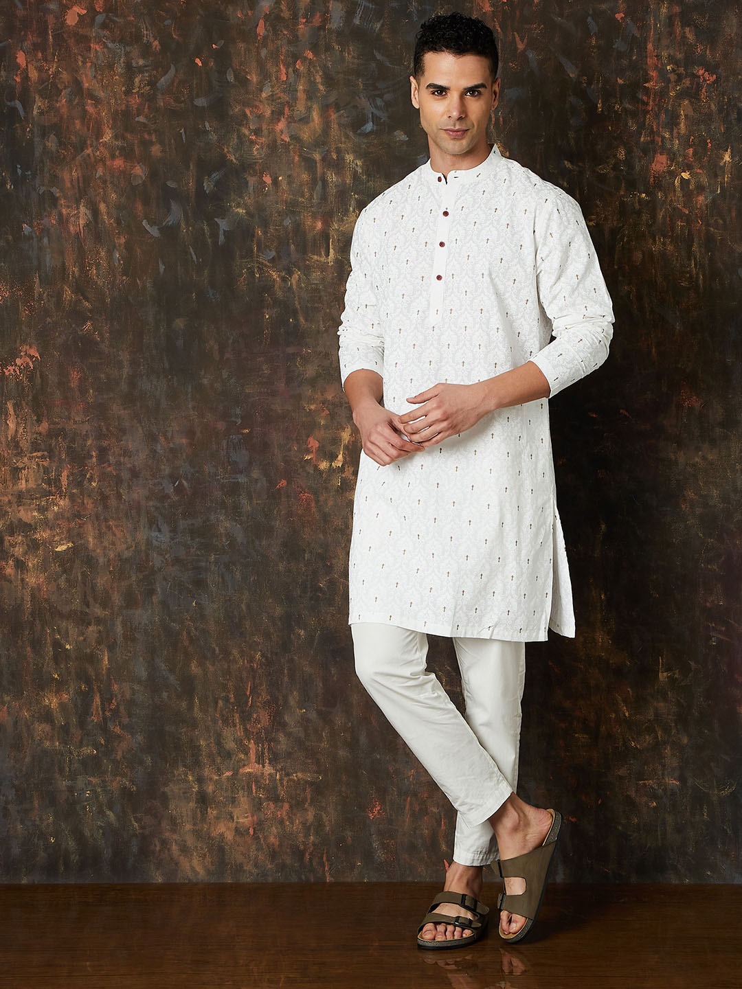 

Melange by Lifestyle Ethnic Motifs Woven Design Mandarin Collar Cotton Straight Kurta, White