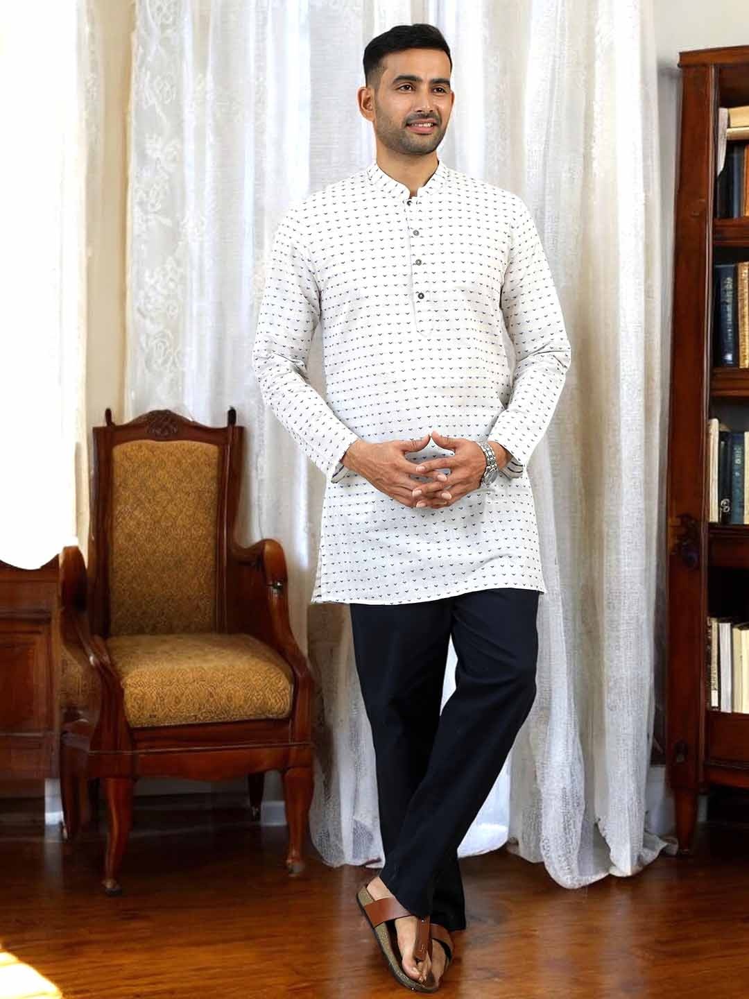 

TATTVA Geometric Woven Design Mandarin Collar Pure Cotton Straight Kurta, White