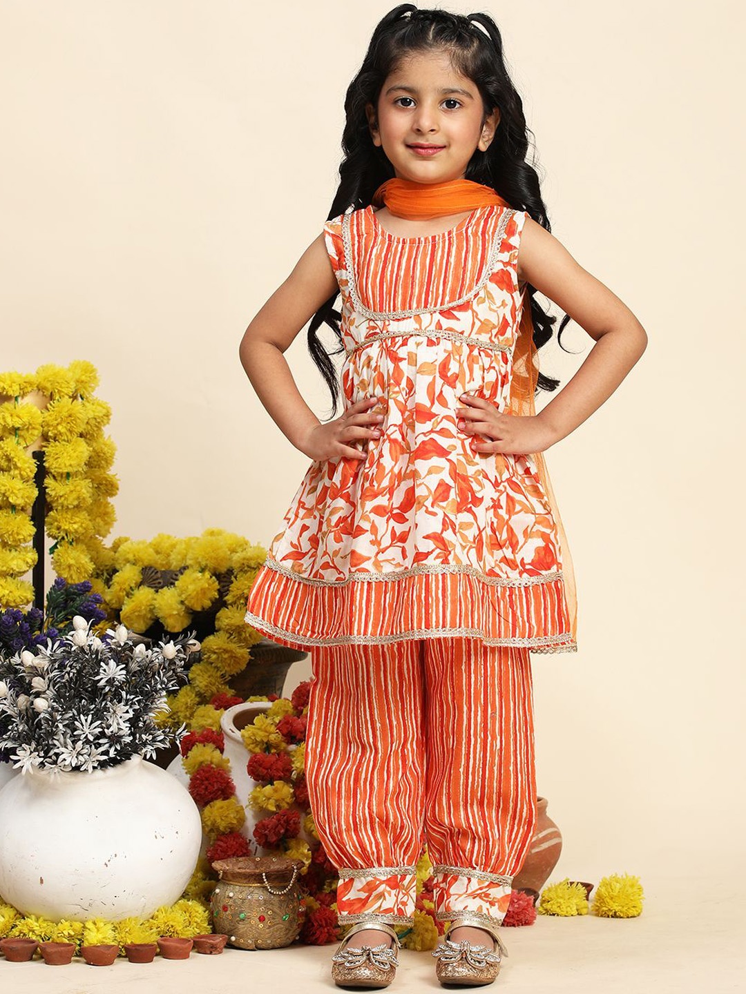 

Cutiekins Girls Floral Printed Empire Gotta Patti A-Line Kurta With Salwar & Dupatta, Orange