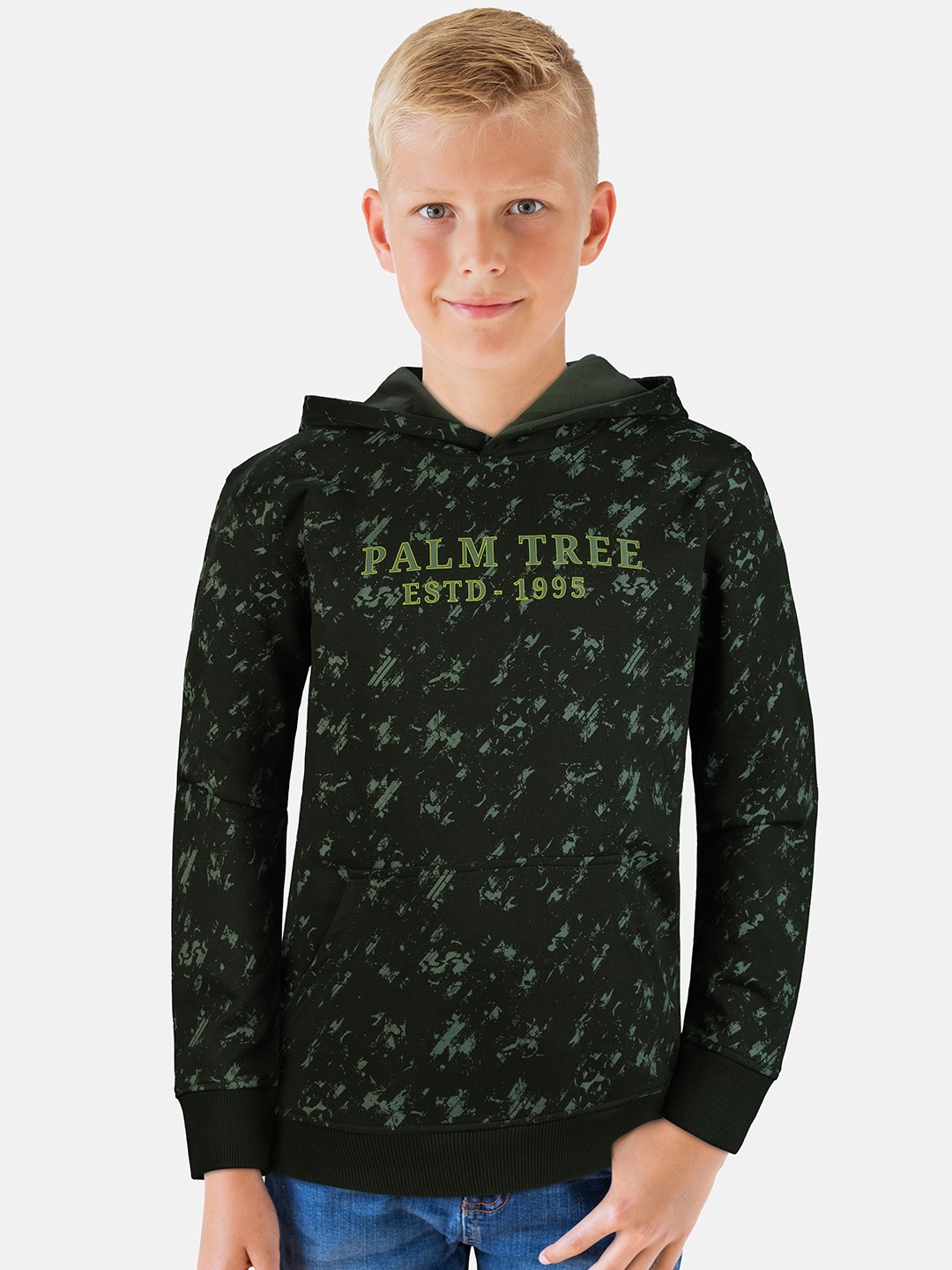 

Palm Tree Boys Brand Logo Printed Hooded Cotton Pullover Sweatshirt, Olive