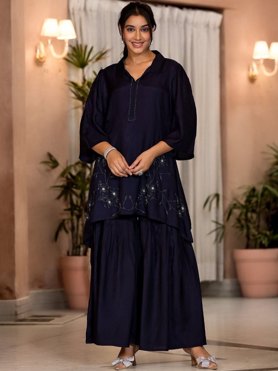 

AUTUMN LANE Irene Midnight Embroidered Tunic With Sharara, Navy blue