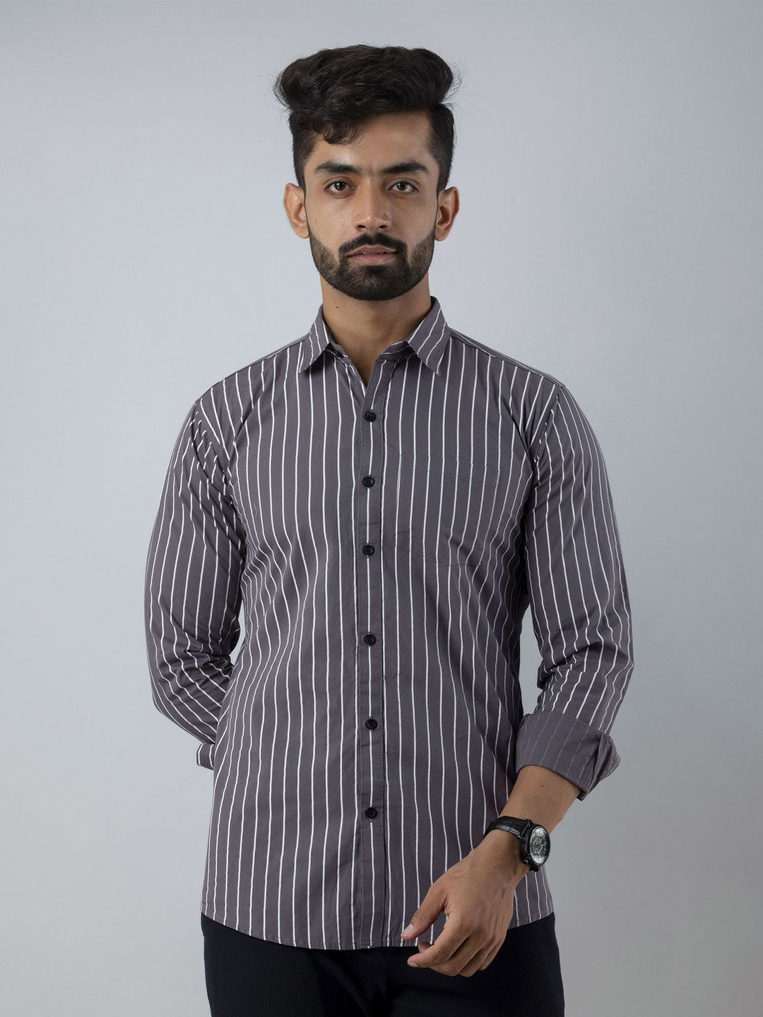 

Vcom Men Classic Spread Collar Vertical Striped Cotton Slim Fit Casual Shirt, Grey