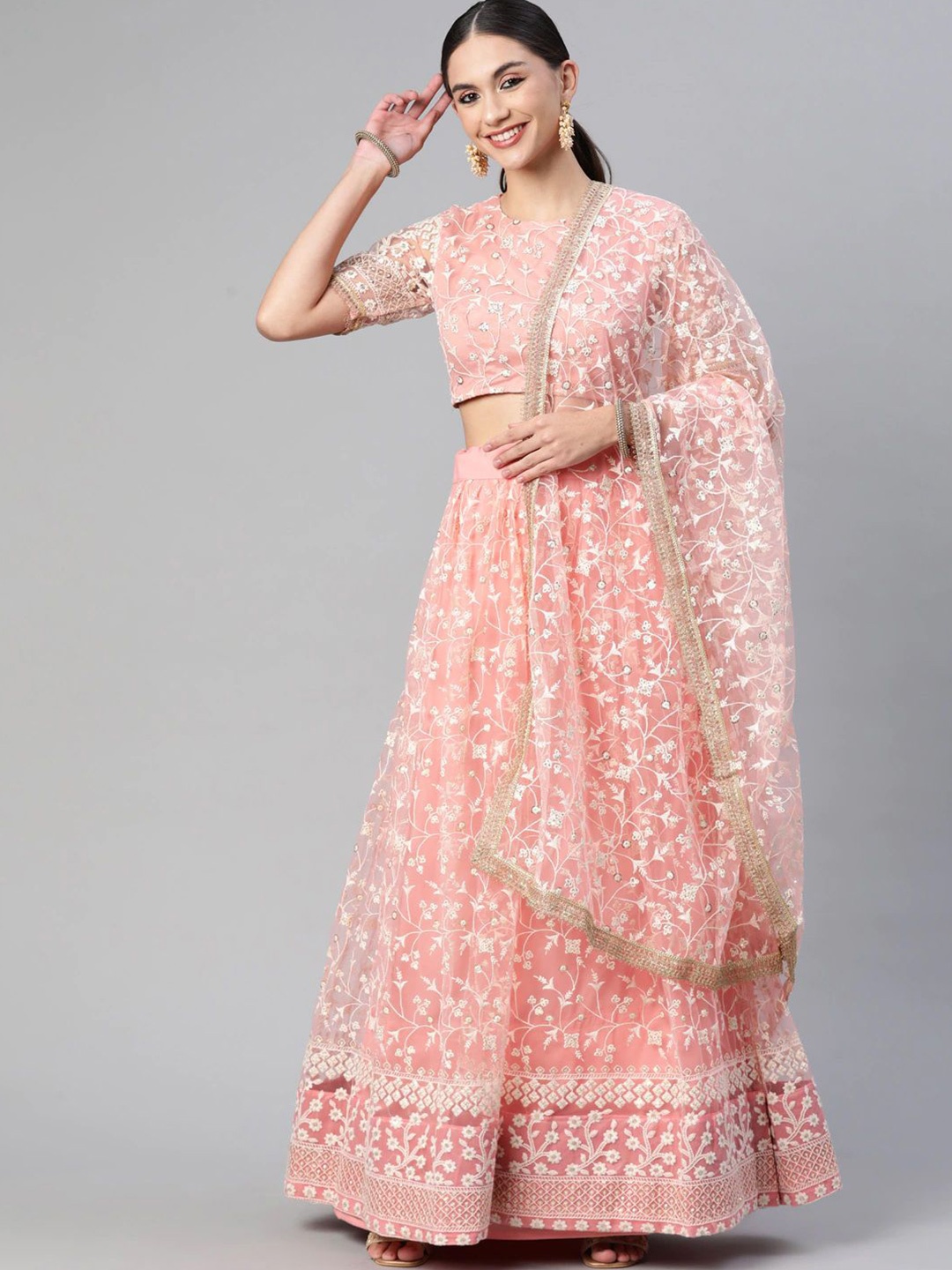 

JIHU CULTURE Embroidered Semi-Stitched Net Lehenga & Unstitched Blouse With Dupatta, Peach