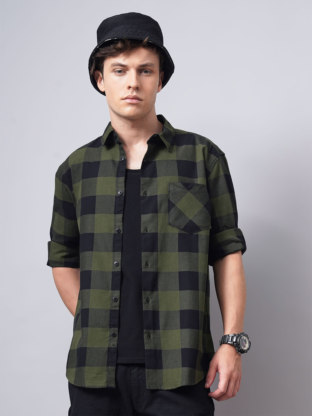 

British Club Men Standard Spread Collar Buffalo Checked Cotton Casual Shirt, Olive