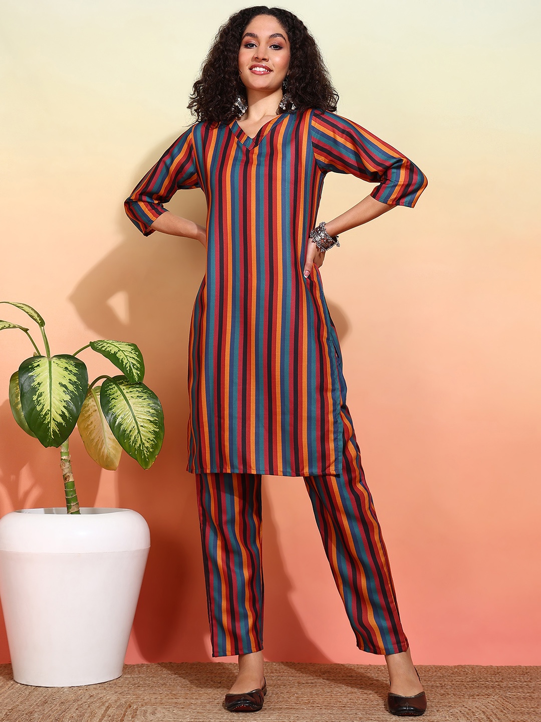 

V TRADITION Striped Printed V-Neck Straight Kurta With Trousers, Red