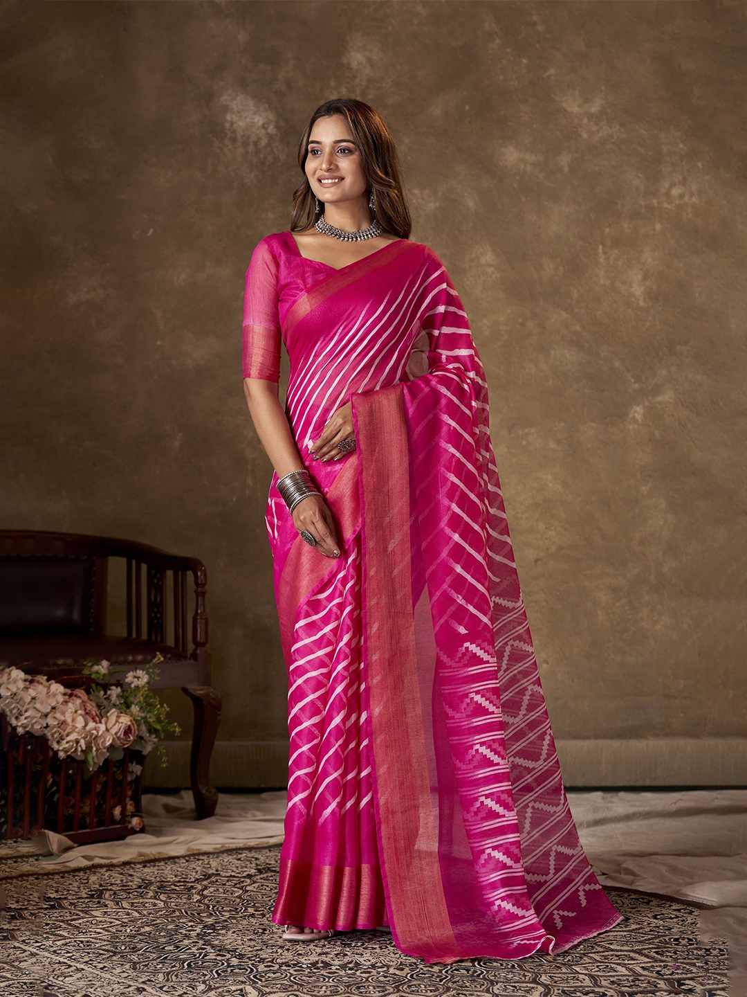

KAYOMMI Leheriya Pure Cotton Bandhani Saree, Pink