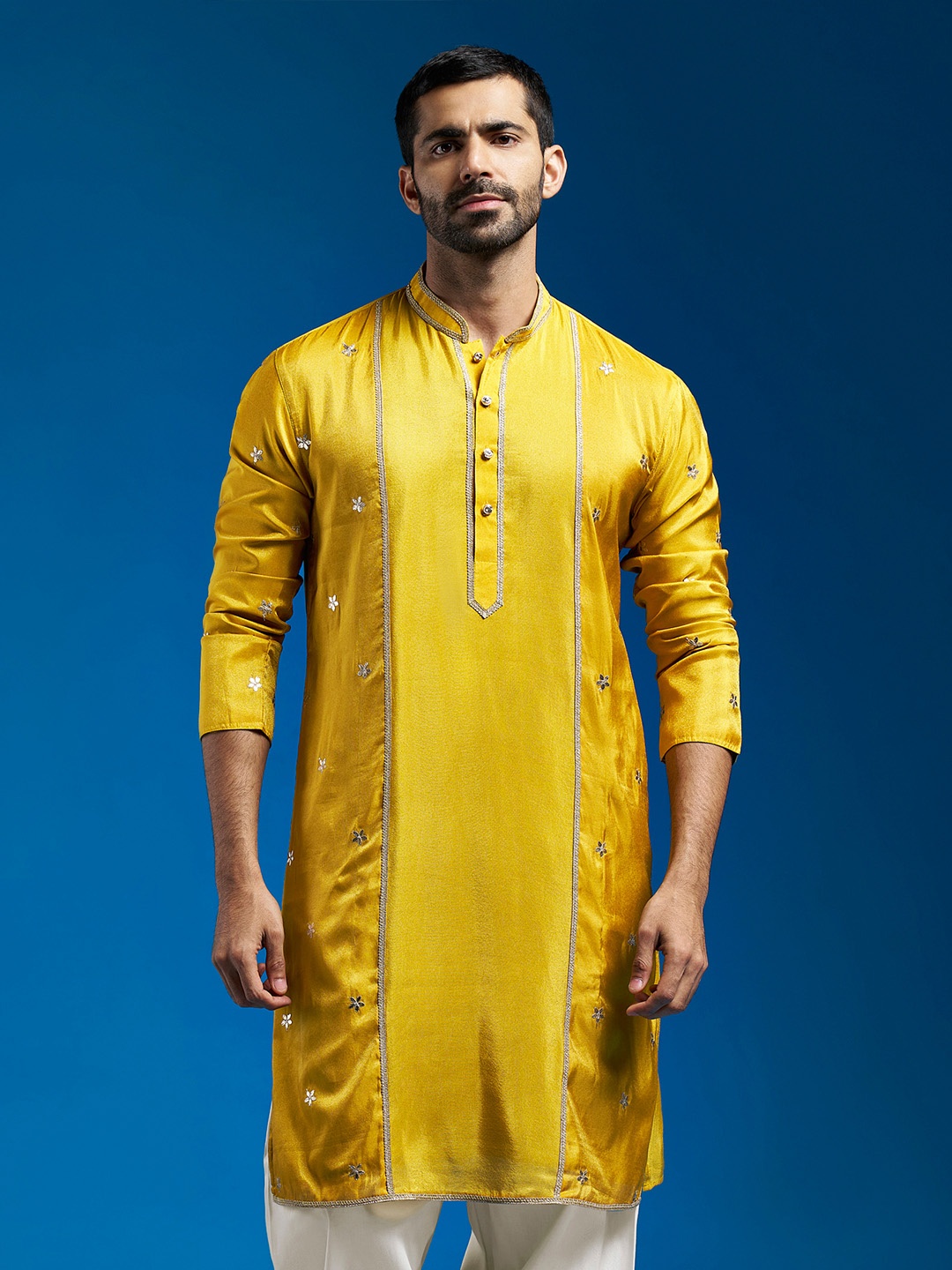 

VASTRAMAY Ethnic Motifs Embroidered Mandarin Collar Tissue Silk Straight Kurta, Mustard