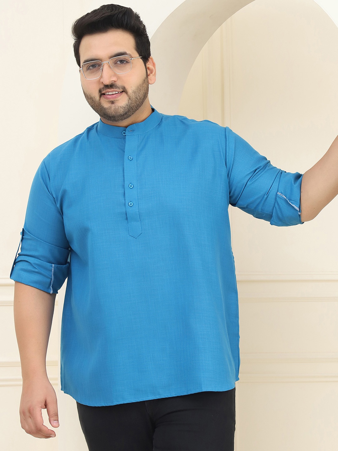 

SOJANYA PLUS Size Band Collar Roll-Up Sleeves Cotton Curved Kurta, Blue