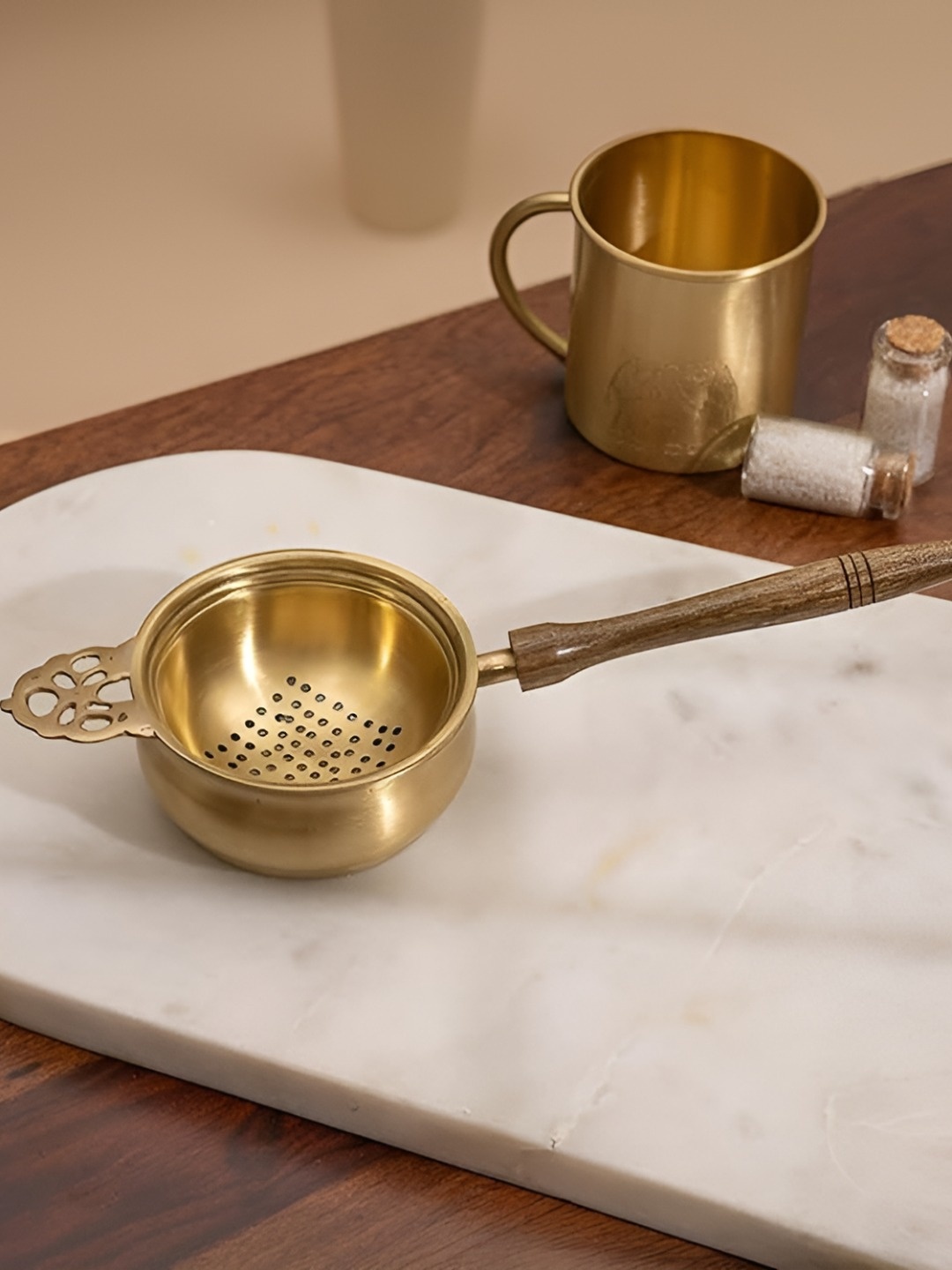 

veda essentials. Gold-Toned Textured Brass And Wood Sieve Strainer