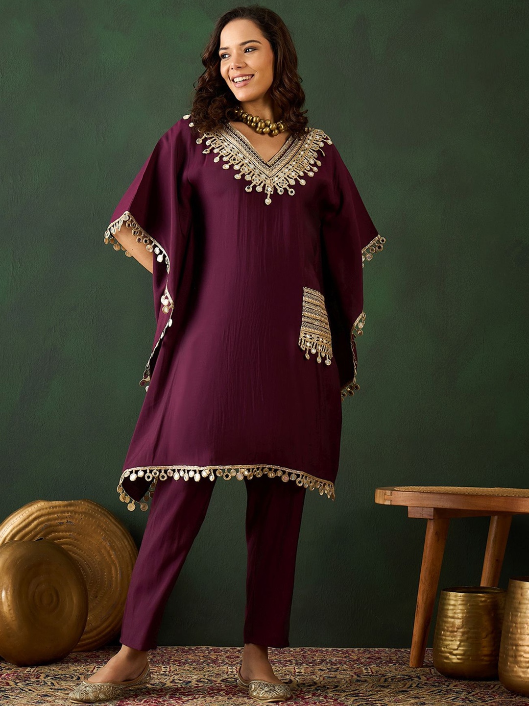 

Sangria Burgundy Geometric Embroidered V-Neck Mirror Work Kaftan With Trousers