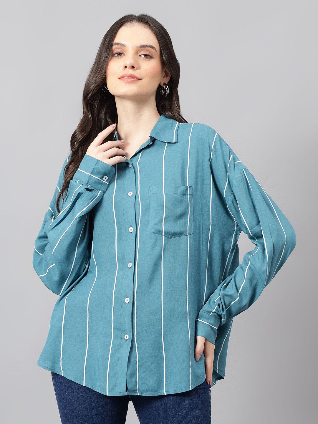 

Kotty Women Comfort Spread Collar Vertical Striped Cotton Oversized Casual Shirt, Teal