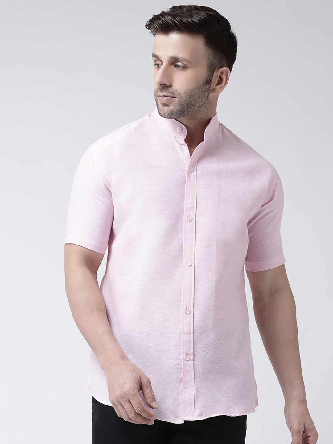 

KLOSET BY RIAG Men Classic Band Collar Solid Cotton Casual Shirt, Pink