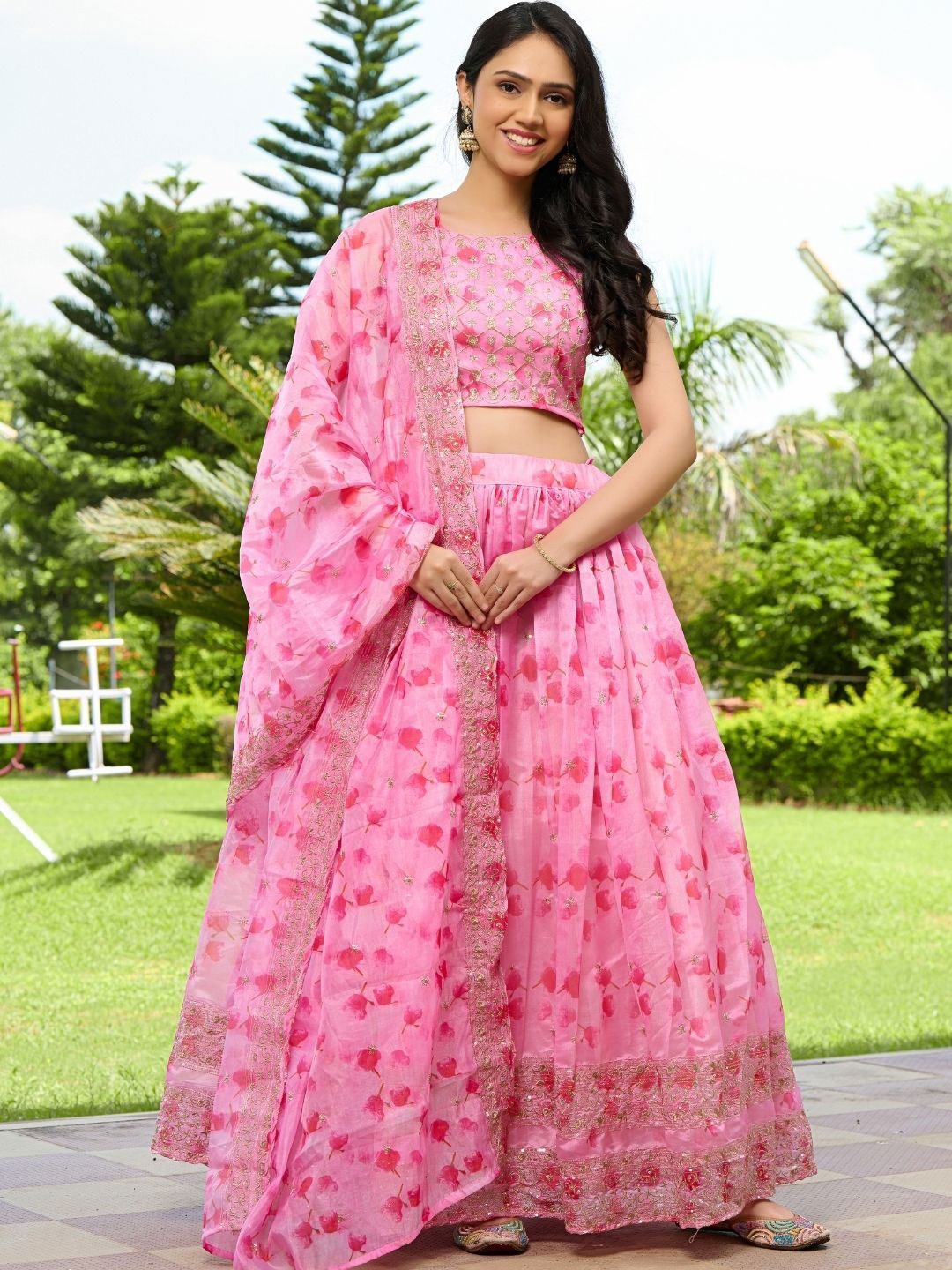 

HOUSE OF JAMOTI Printed Sequinned Ready to Wear Lehenga & Blouse With Dupatta, Pink