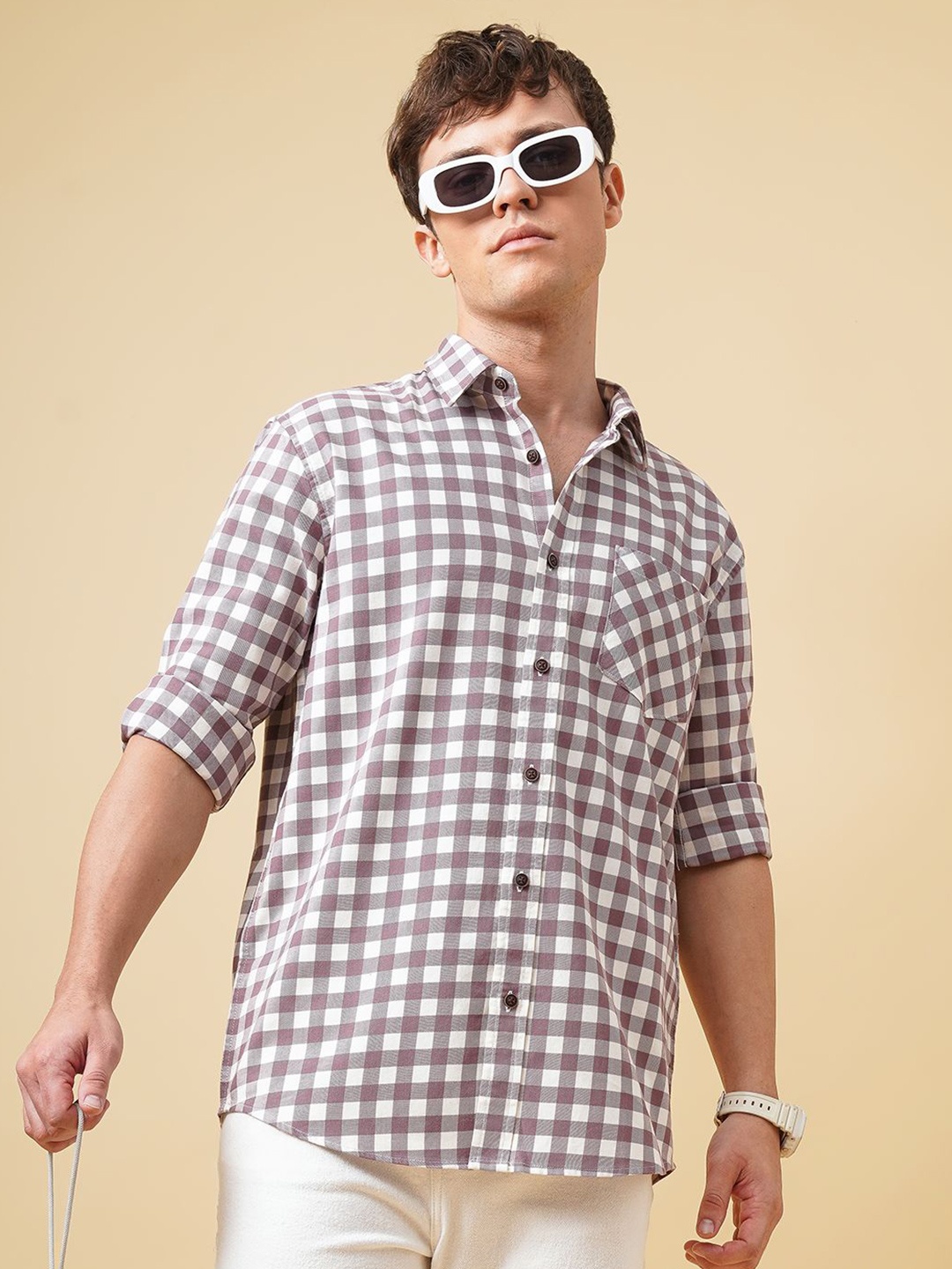 

British Club Men Standard Spread Collar Gingham Checked Cotton Casual Shirt, Mauve