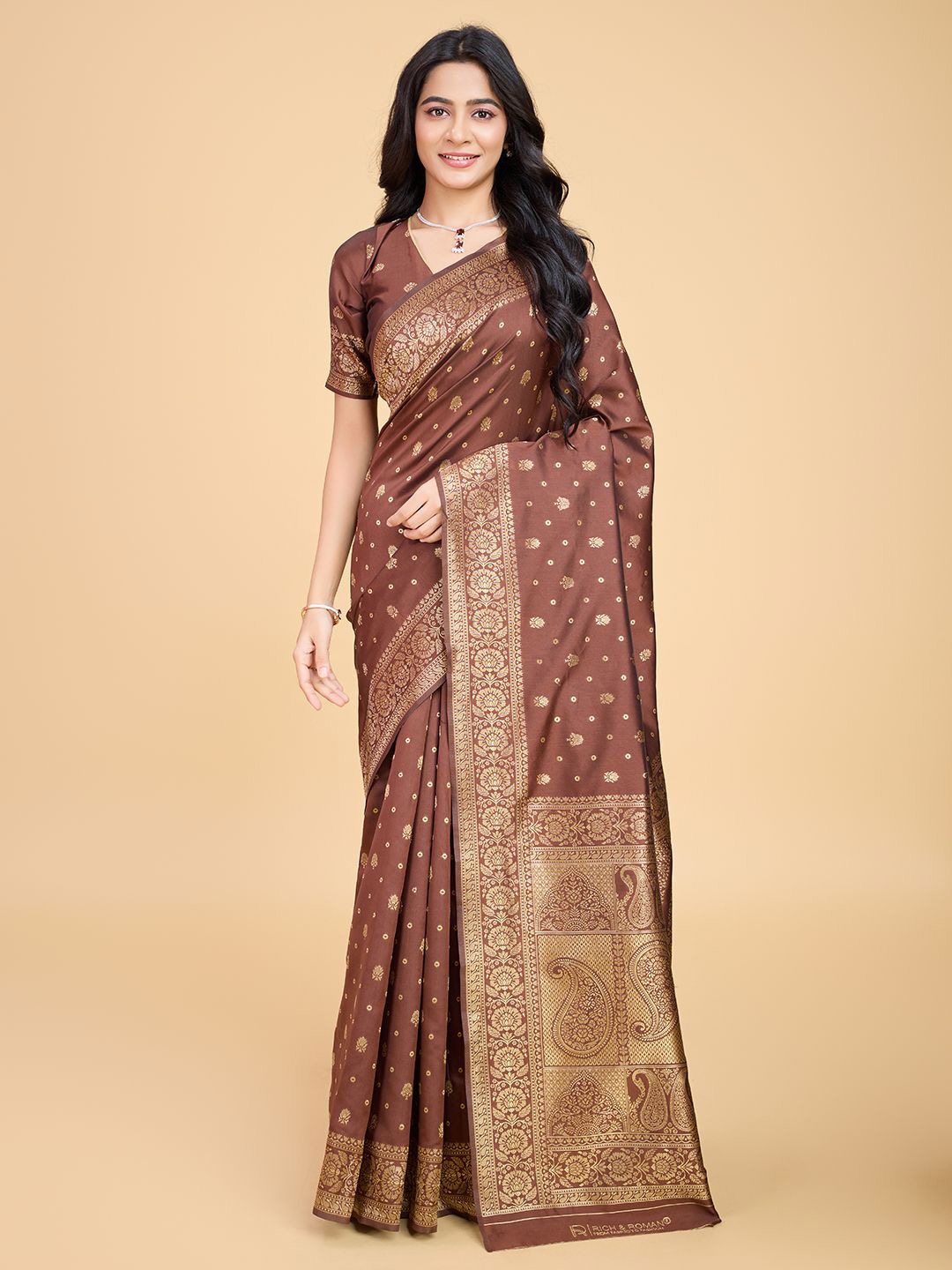 

RICH & ROMAN Woven Design Zari Pure Silk Banarasi Saree, Coffee brown