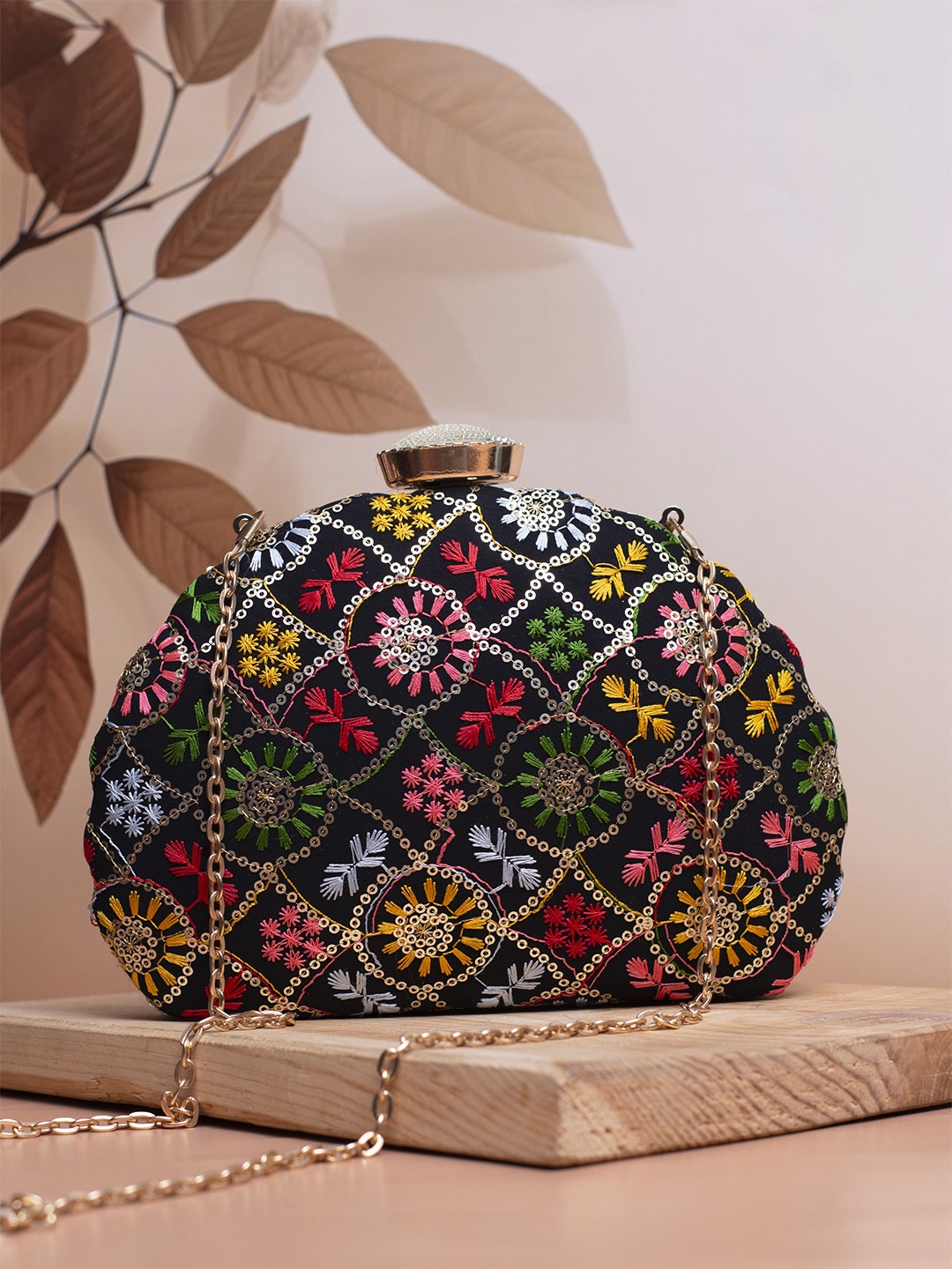 

ARTKLIM Embroidered Embellished Box Clutch, Black