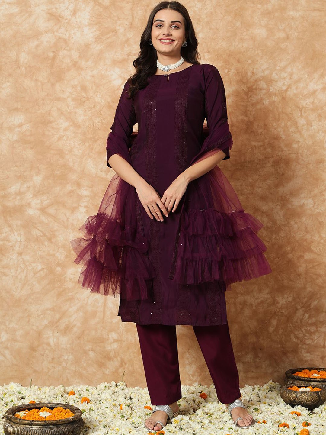 

KALINI Ethnic Motifs Embroidered Sequinned Kurta with Trousers & Dupatta, Purple
